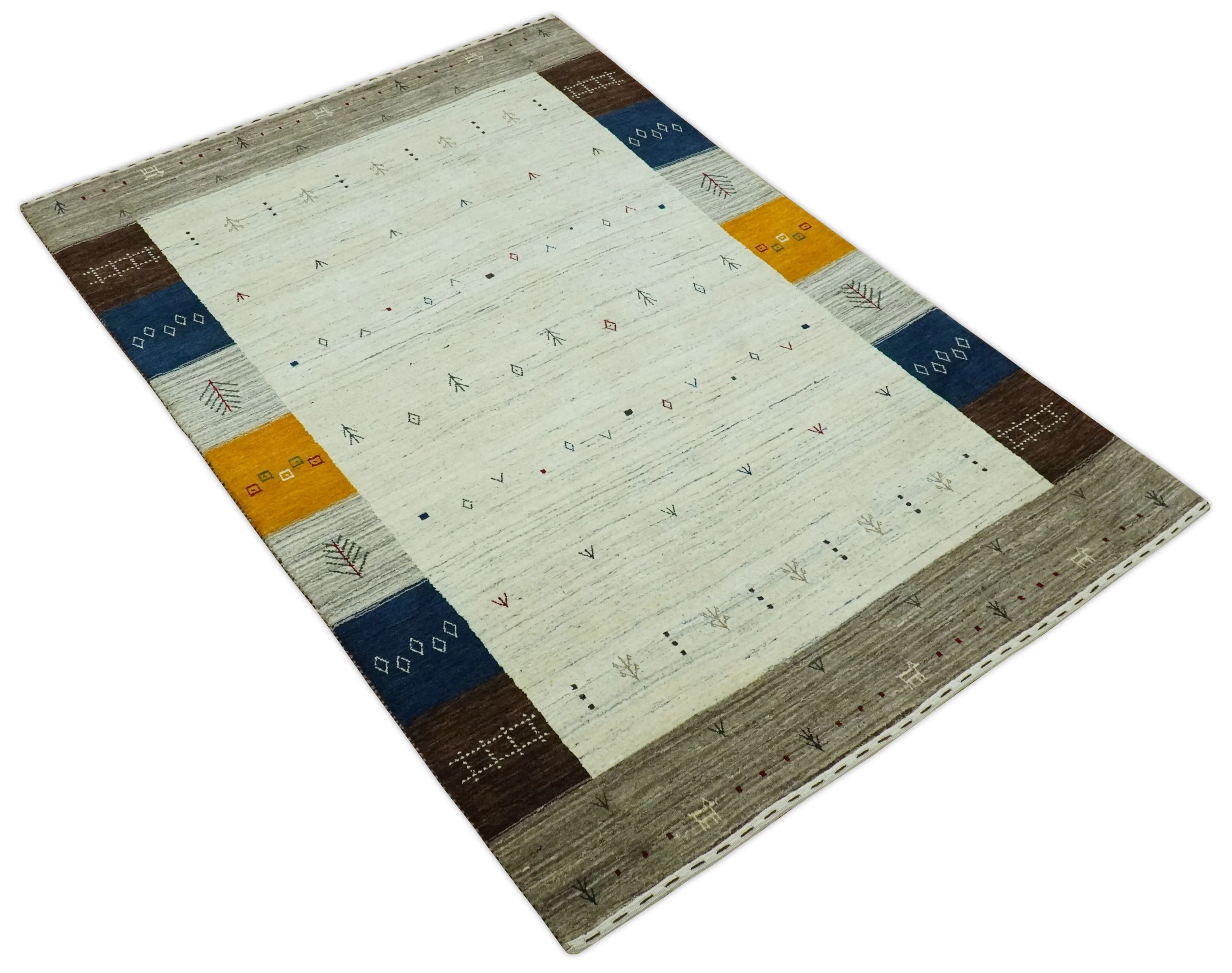 Ivory, Olive, Blue and Charcoal Handloom Tribal Gabbeh Multi Size wool Area Rug - Image 9