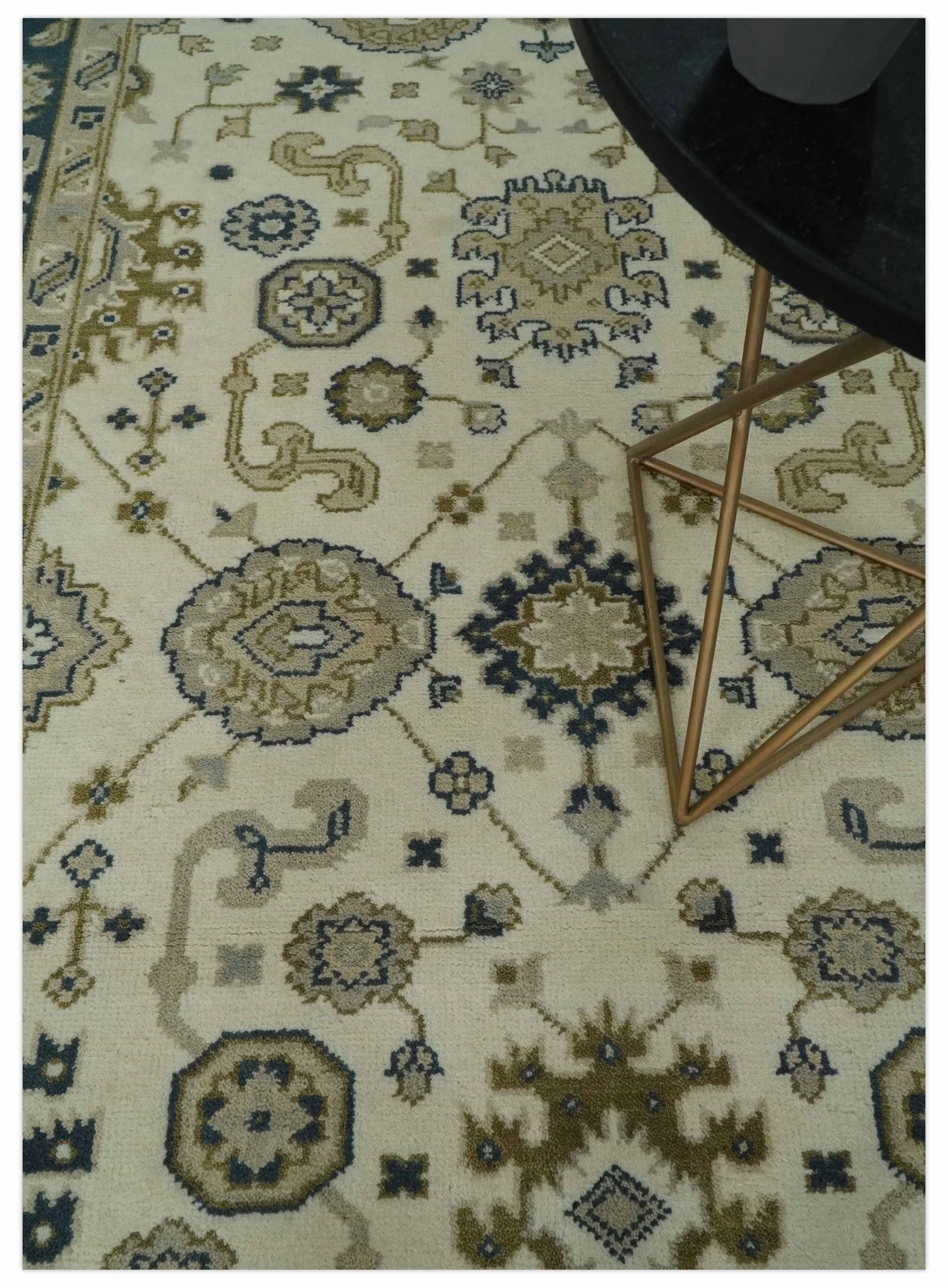 Ivory, Olive and Blue Hand Knotted Traditional Oriental Oushak Custom Made wool rug - Image 2