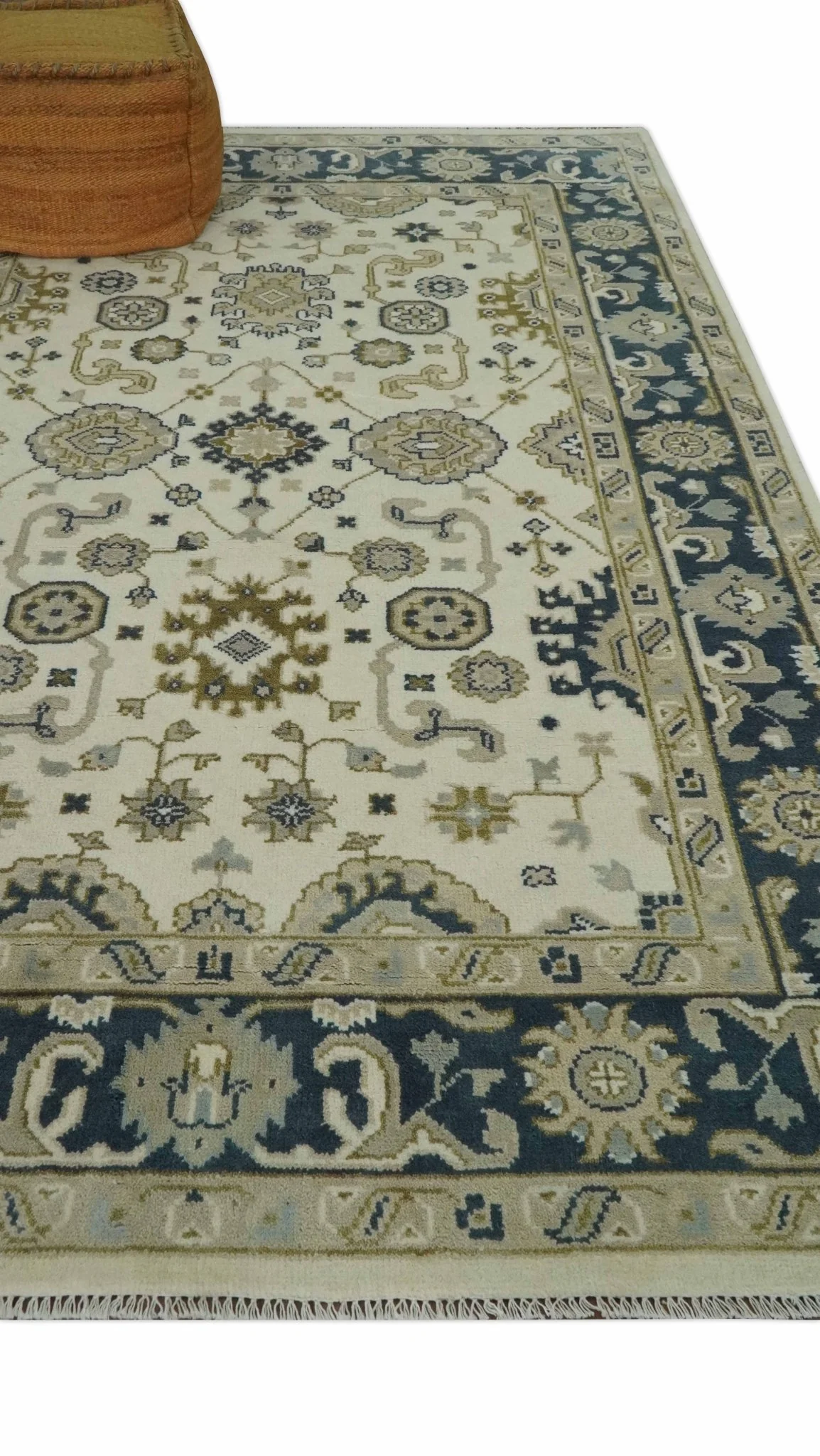 Ivory, Olive and Blue Hand Knotted Traditional Oriental Oushak Custom Made wool rug - Image 3