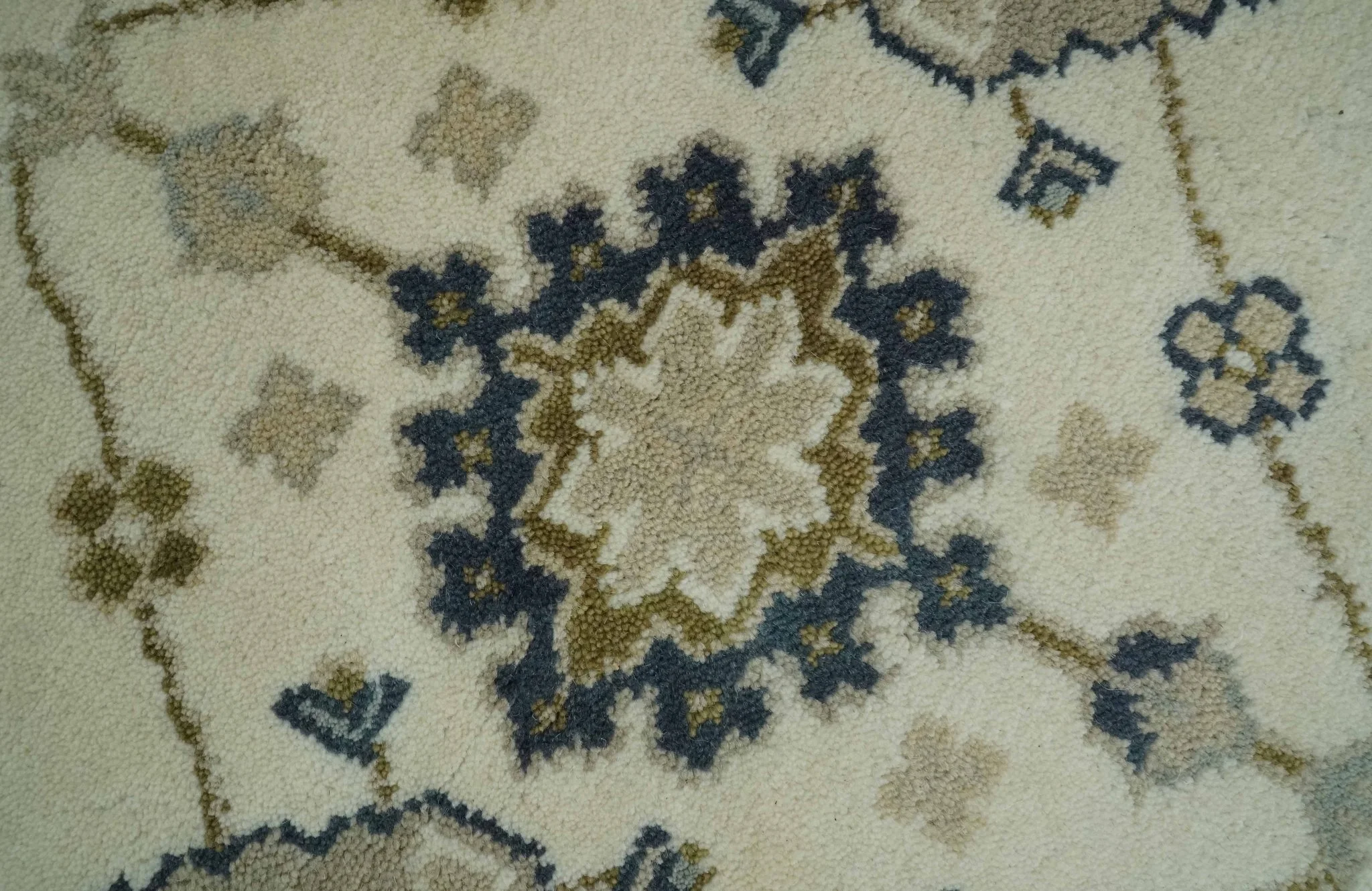 Ivory, Olive and Blue Hand Knotted Traditional Oriental Oushak Custom Made wool rug - Image 4