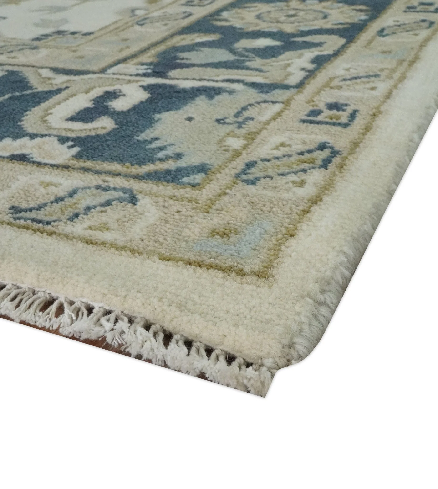 Ivory, Olive and Blue Hand Knotted Traditional Oriental Oushak Custom Made wool rug - Image 5