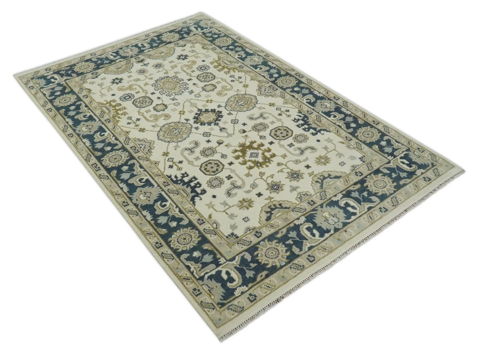 Ivory, Olive and Blue Hand Knotted Traditional Oriental Oushak Custom Made wool rug - Image 6