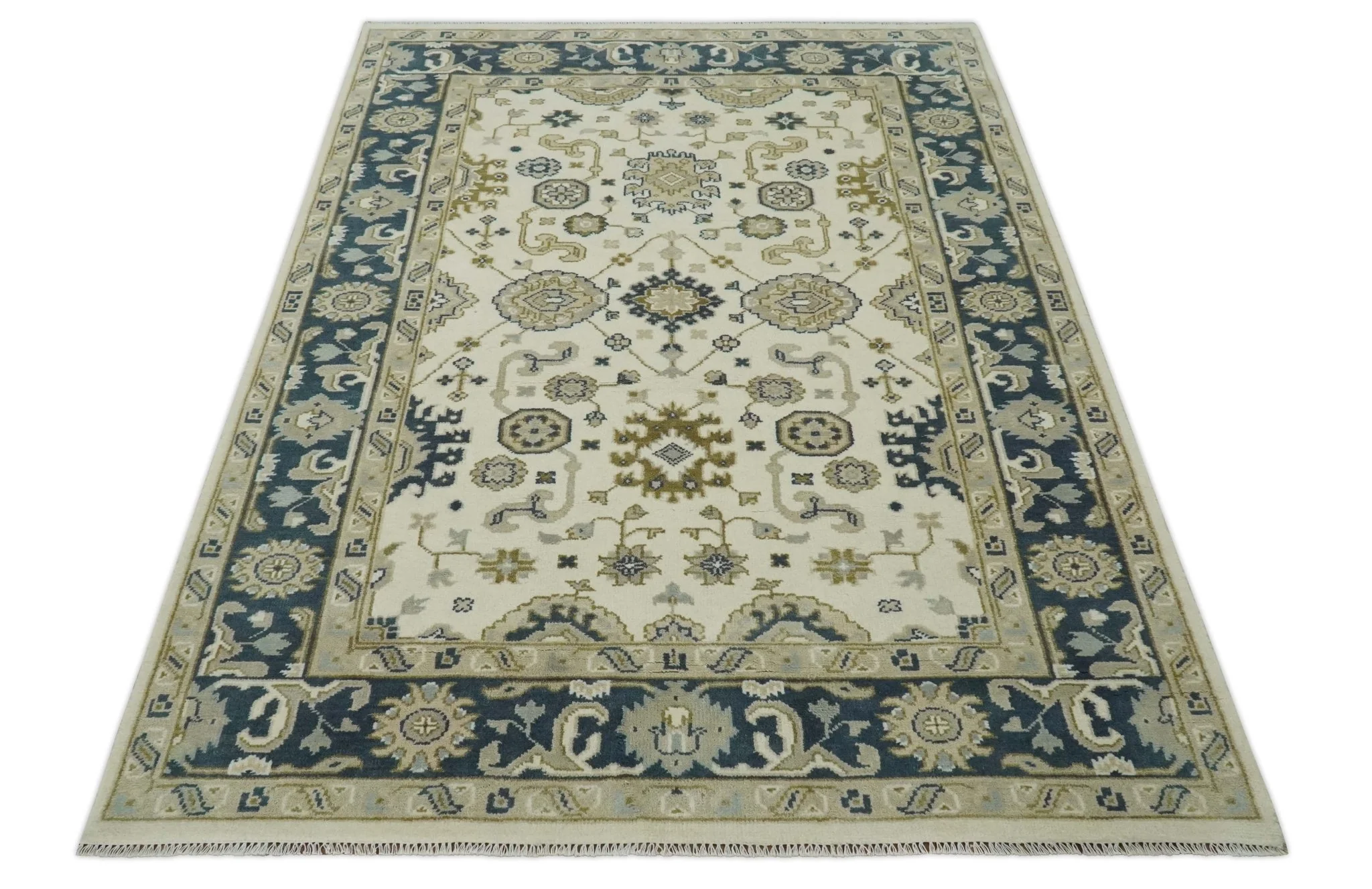 Ivory, Olive and Blue Hand Knotted Traditional Oriental Oushak Custom Made wool rug - Image 7