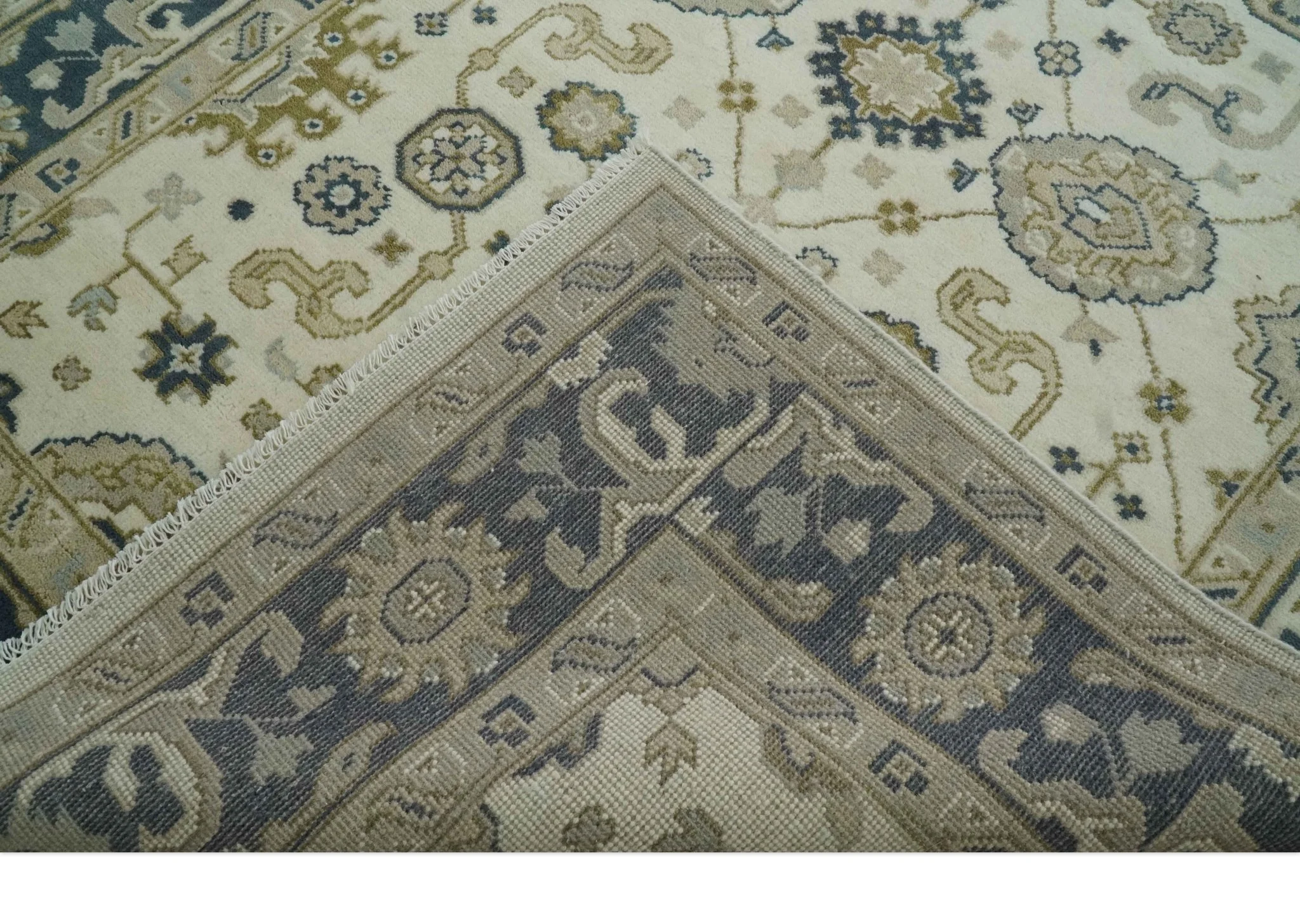 Ivory, Olive and Blue Hand Knotted Traditional Oriental Oushak Custom Made wool rug - Image 8