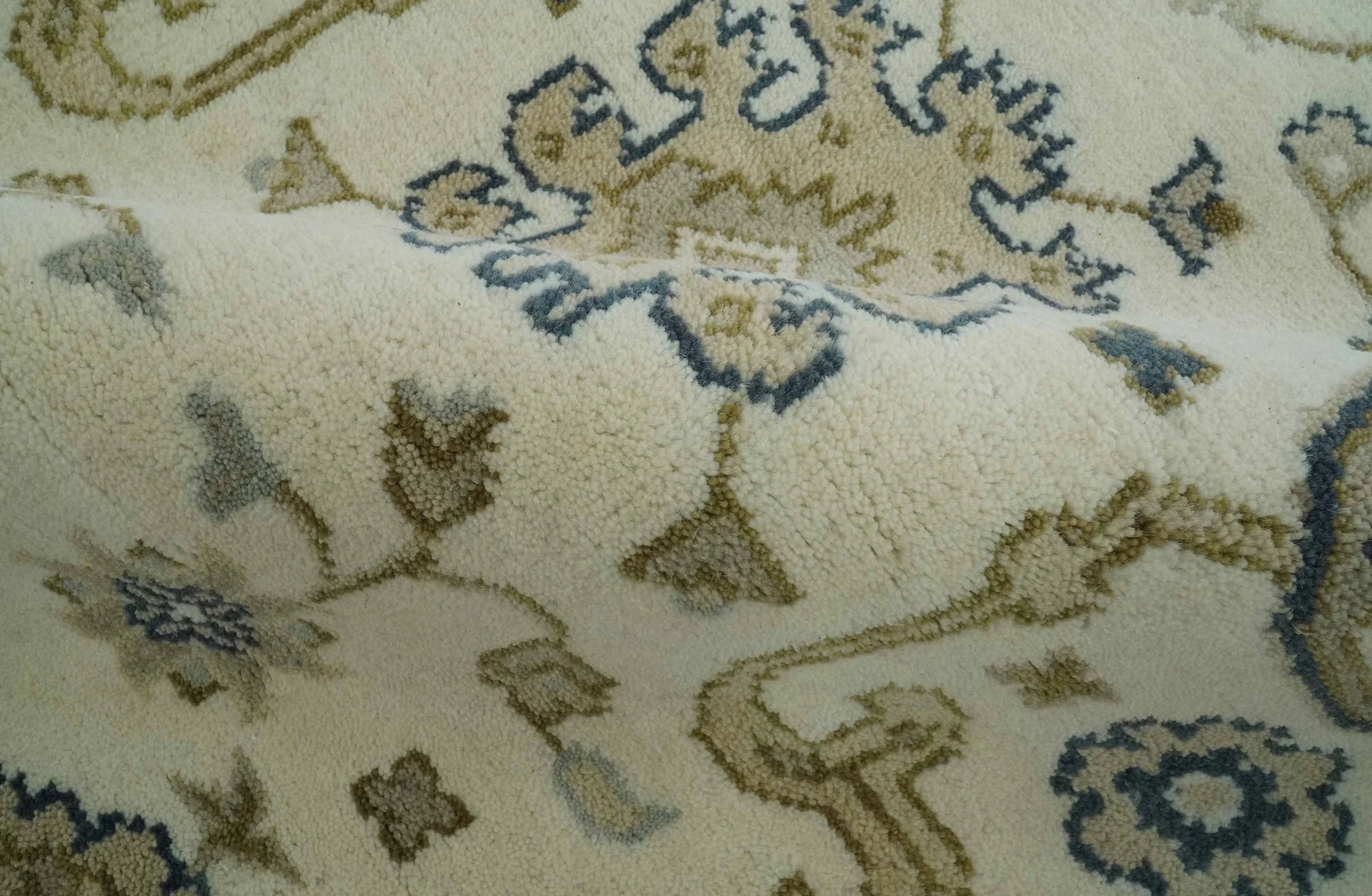 Ivory, Olive and Blue Hand Knotted Traditional Oriental Oushak Custom Made wool rug - Image 9