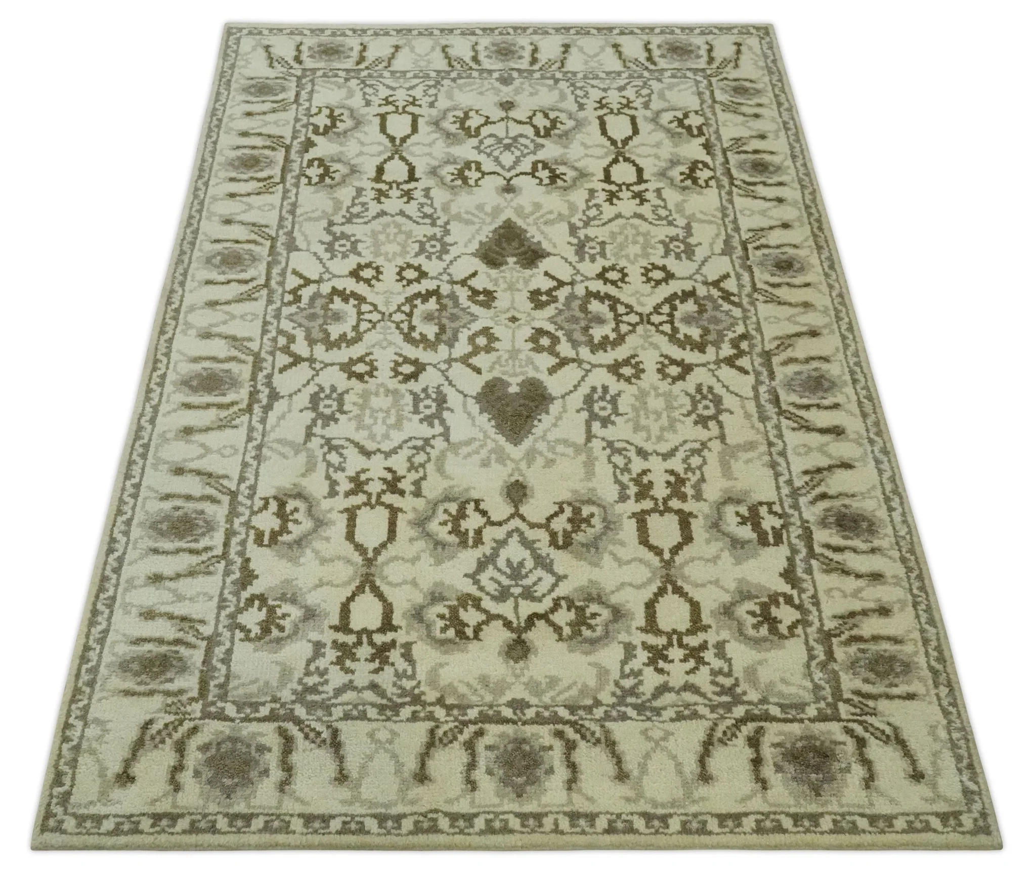 Ivory, Olive and Gray Traditional Hand Knotted Oriental Oushak 5x8 wool Area Rug - Image 10