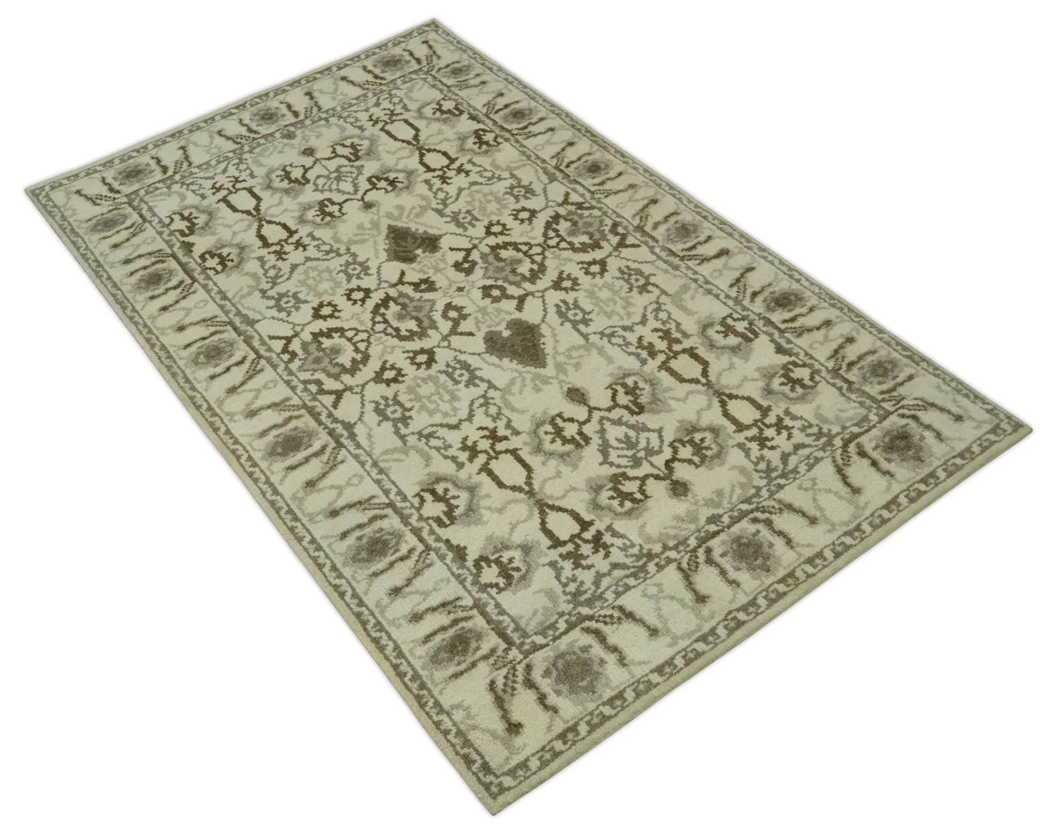 Ivory, Olive and Gray Traditional Hand Knotted Oriental Oushak 5x8 wool Area Rug - Image 9