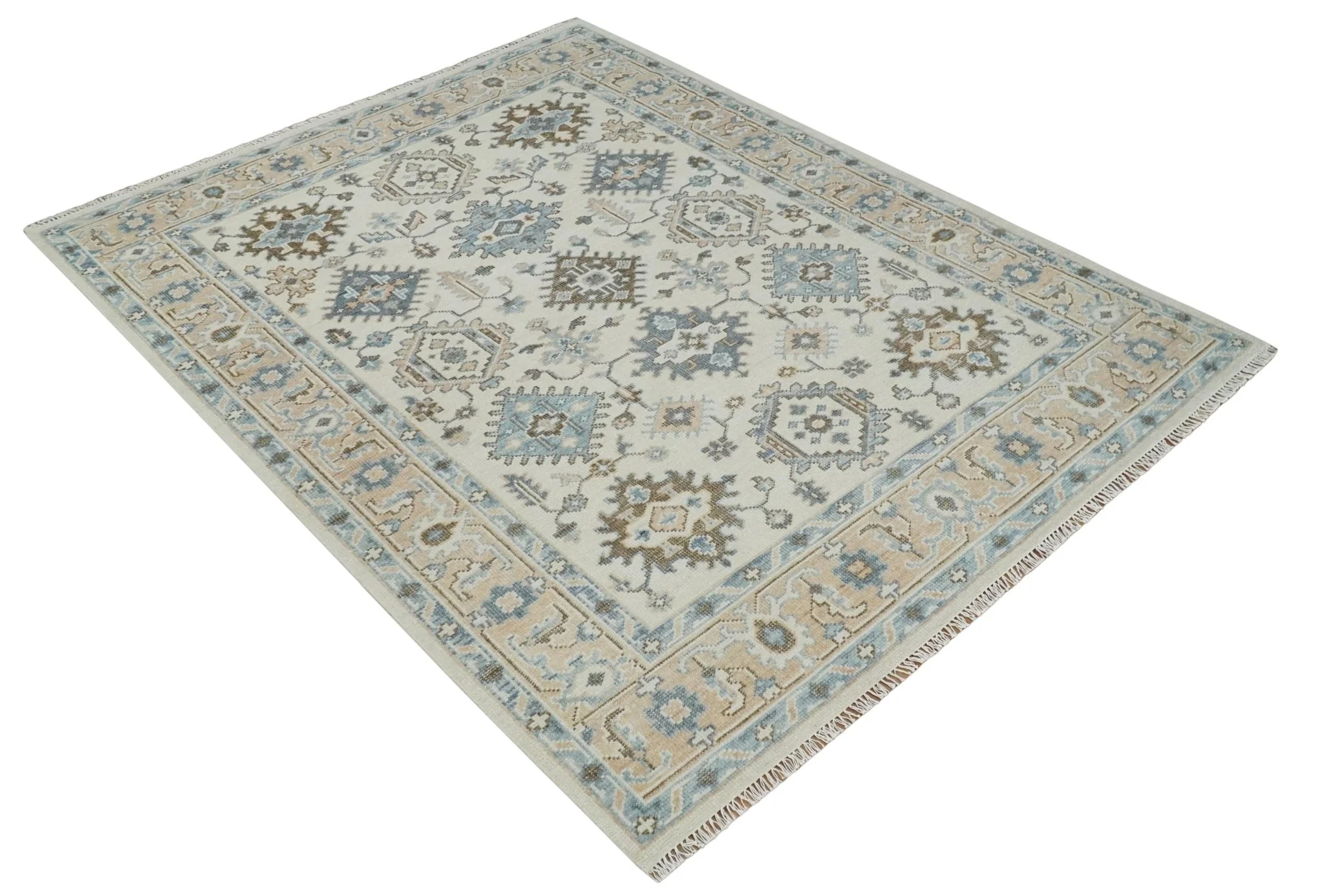 Ivory, Peach and Gray Hand knotted 8x10 Traditional Ikat Design Oushak wool Area Rug - Image 10