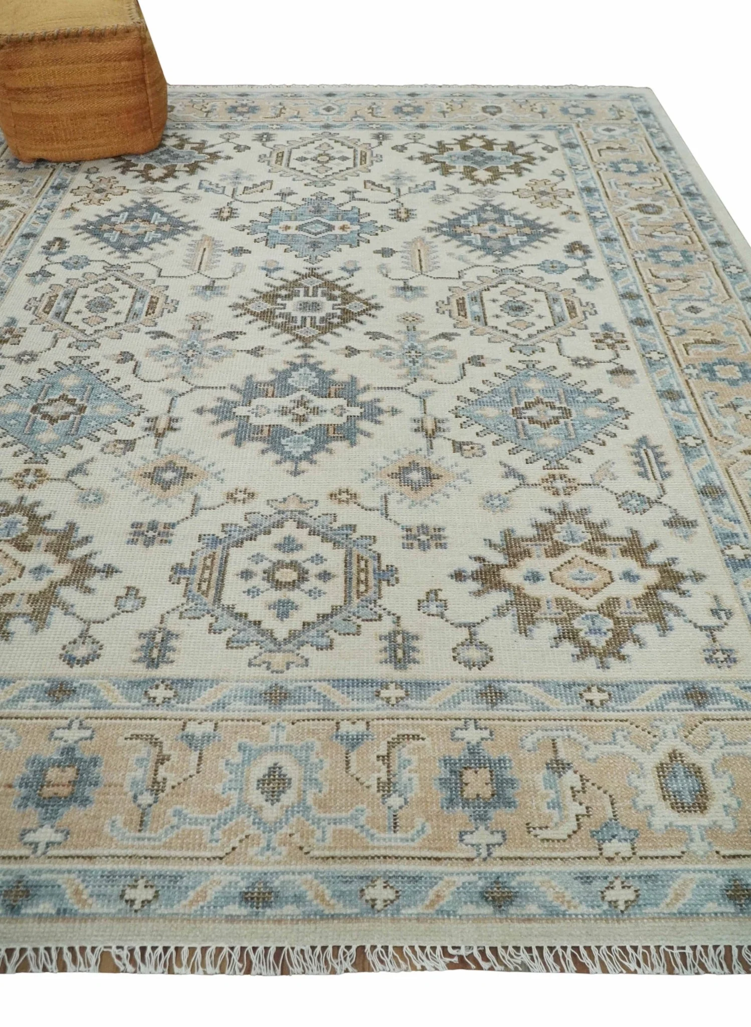 Ivory, Peach and Gray Hand knotted 8x10 Traditional Ikat Design Oushak wool Area Rug - Image 3