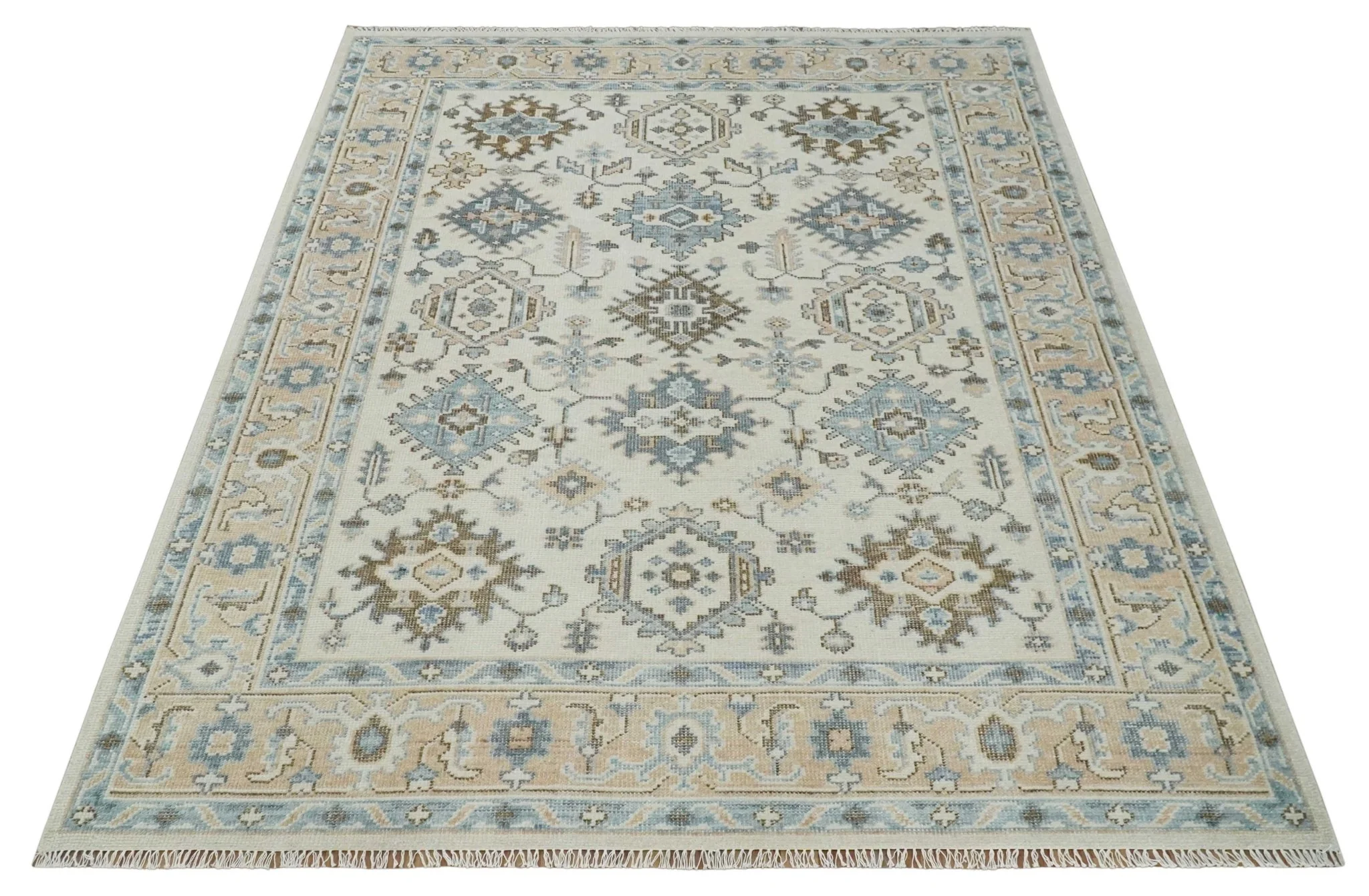 Ivory, Peach and Gray Hand knotted 8x10 Traditional Ikat Design Oushak wool Area Rug - Image 9