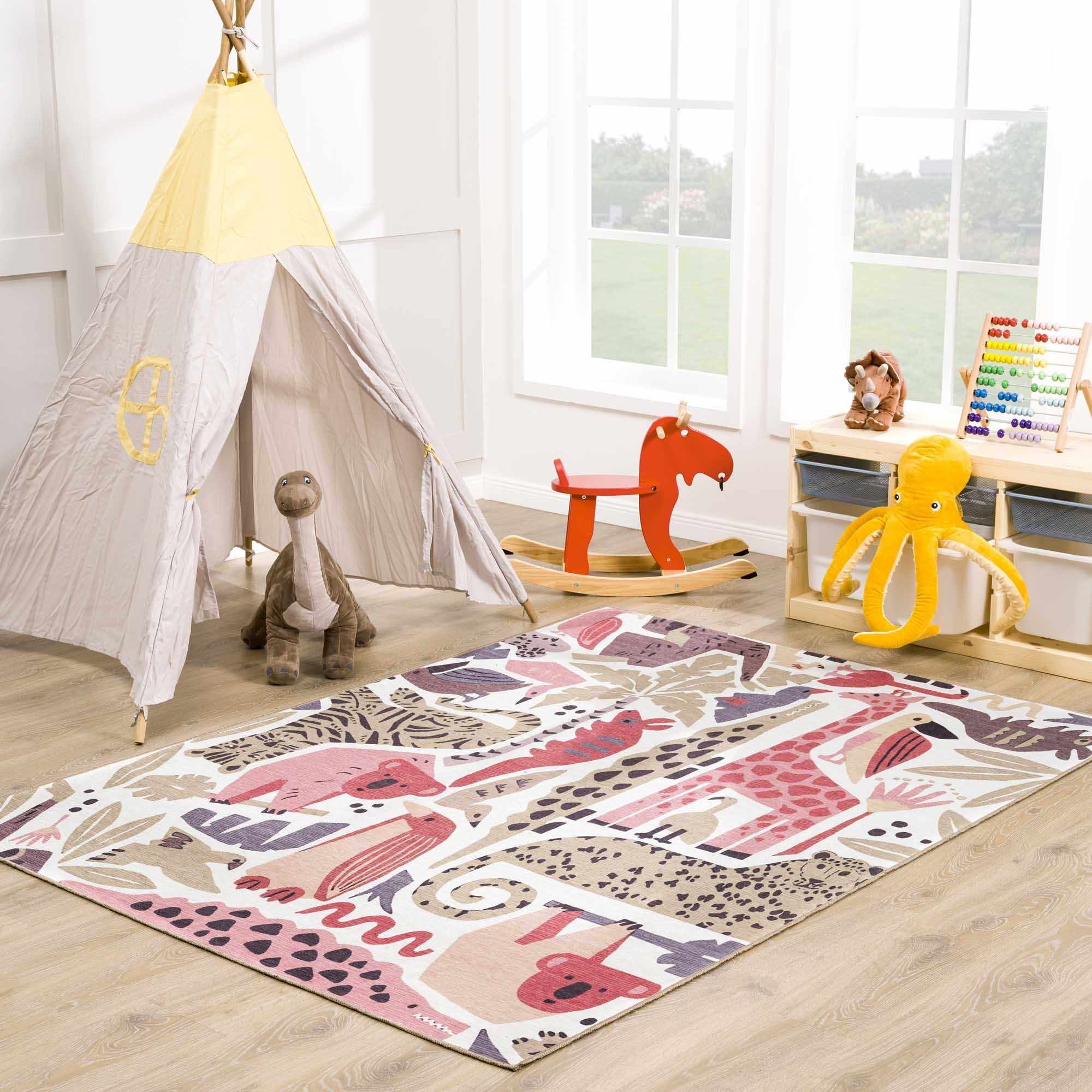 Ivory, Pink, Beige and Tan Beautiful Animal Printed Washable Kids Rug - Image 2