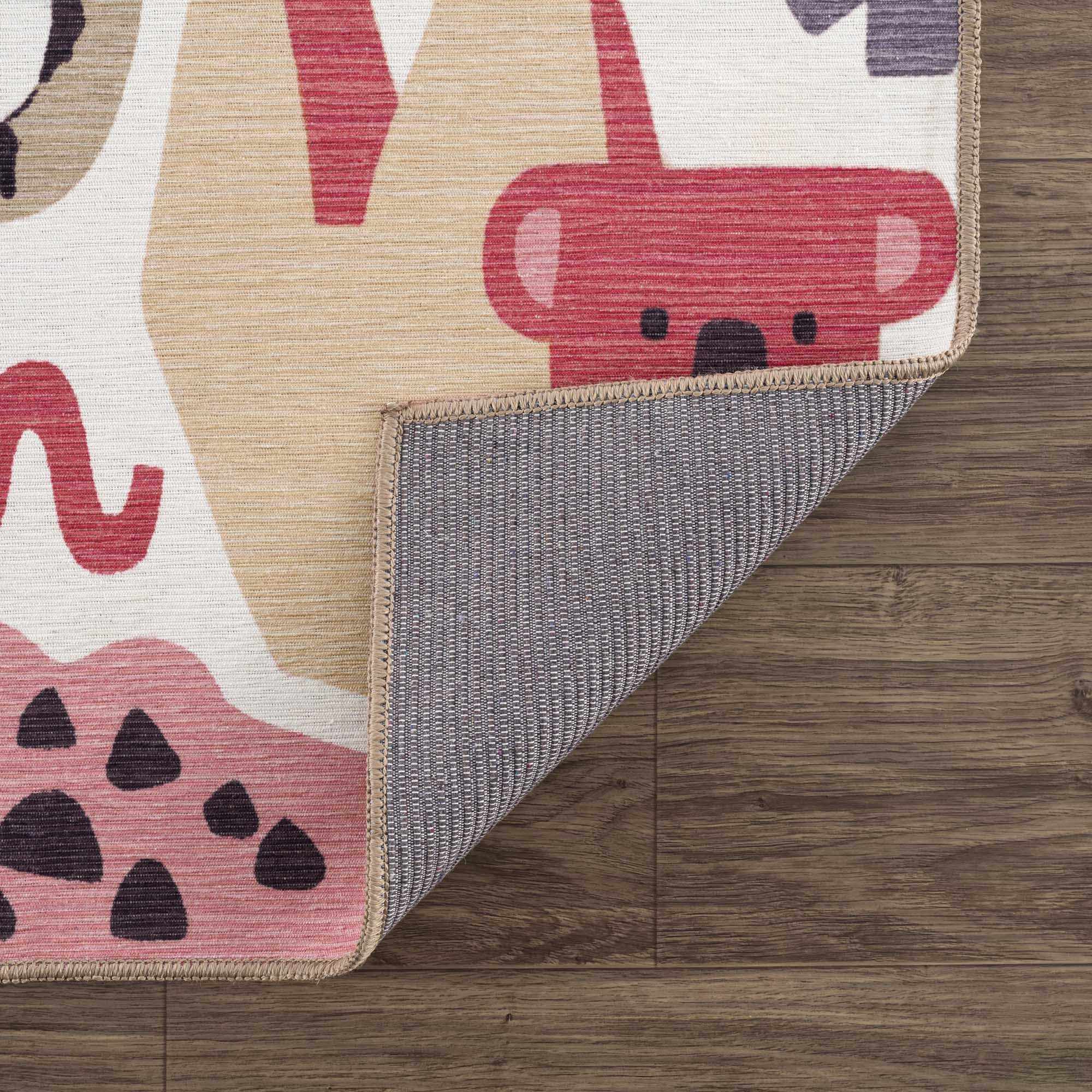 Ivory, Pink, Beige and Tan Beautiful Animal Printed Washable Kids Rug - Image 3