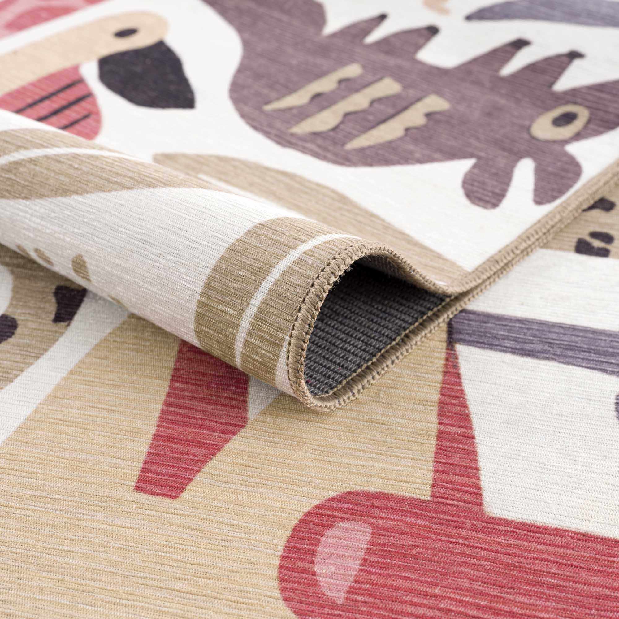 Ivory, Pink, Beige and Tan Beautiful Animal Printed Washable Kids Rug - Image 4