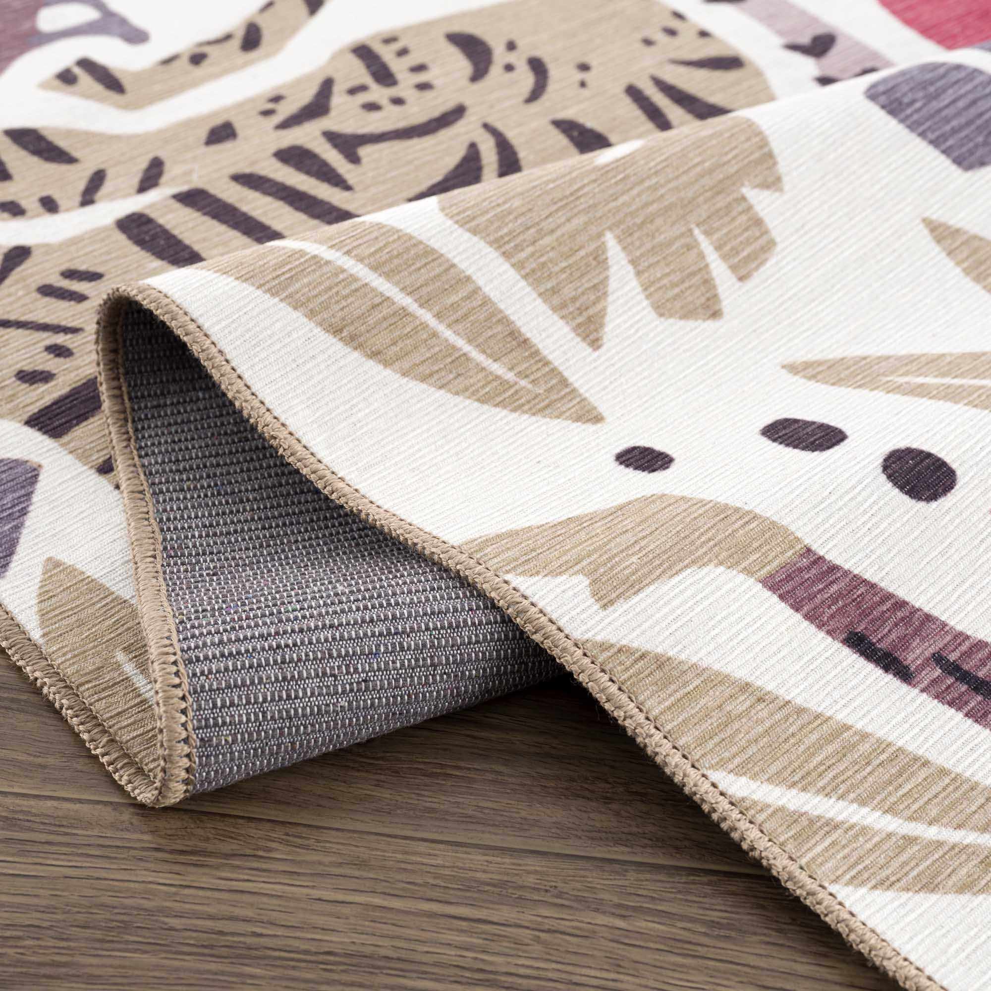 Ivory, Pink, Beige and Tan Beautiful Animal Printed Washable Kids Rug - Image 5