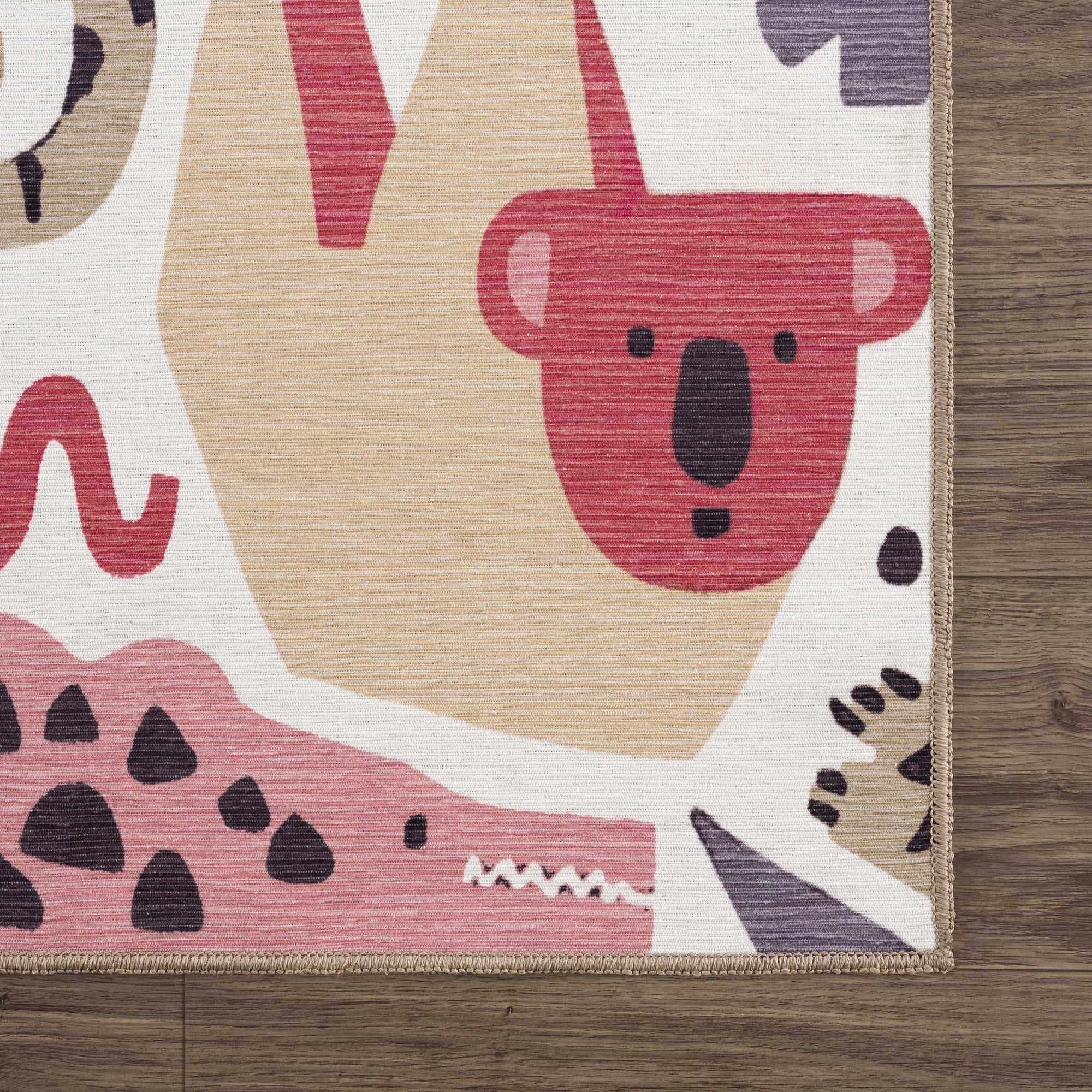 Ivory, Pink, Beige and Tan Beautiful Animal Printed Washable Kids Rug - Image 6