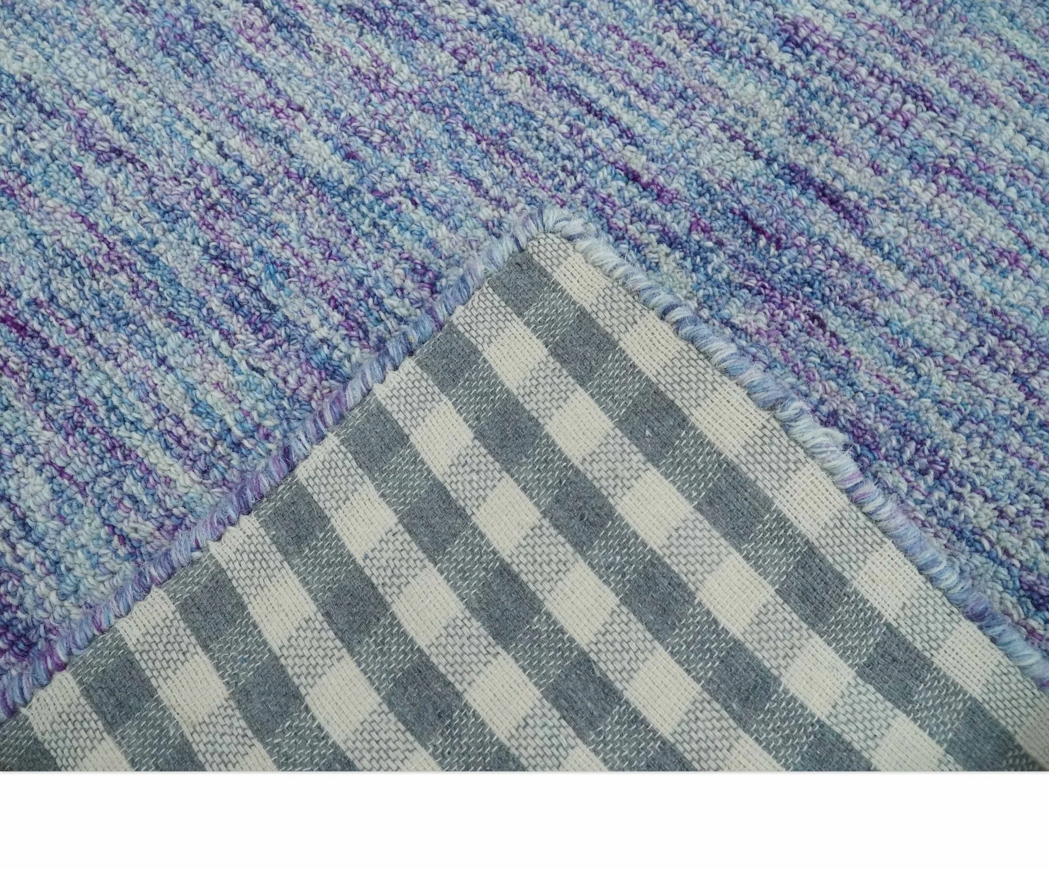 Ivory, Purple and Blue Abstract Solid Hand Tufted Natural Wool Rug - Image 5