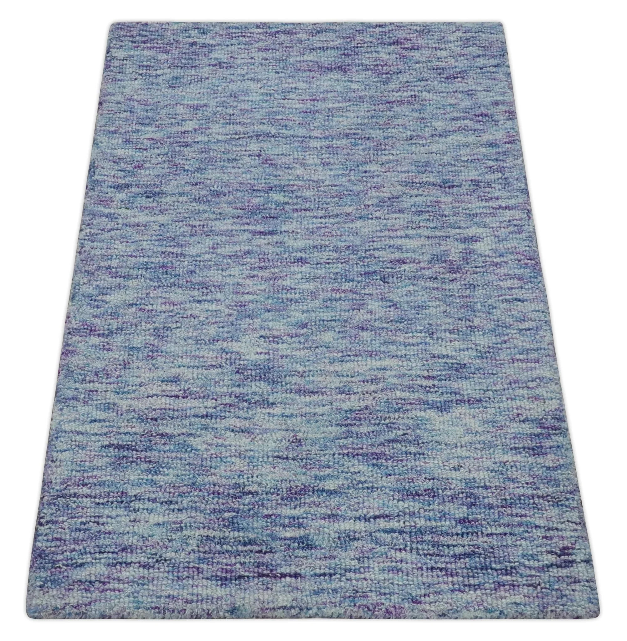Ivory, Purple and Blue Abstract Solid Hand Tufted Natural Wool Rug - Image 7