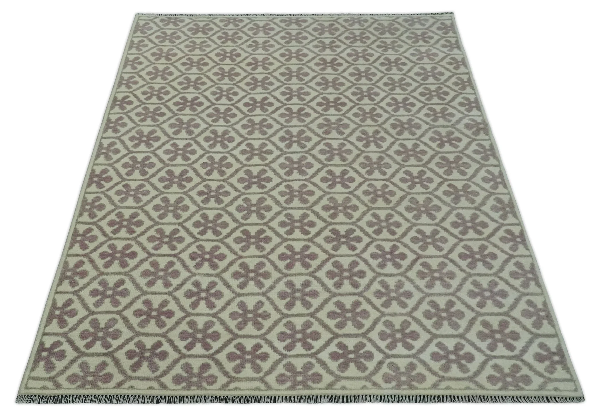 Ivory, Purple and Gray Hand Knotted Geometrical Floral 8x10 wool Area Rug - Image 10