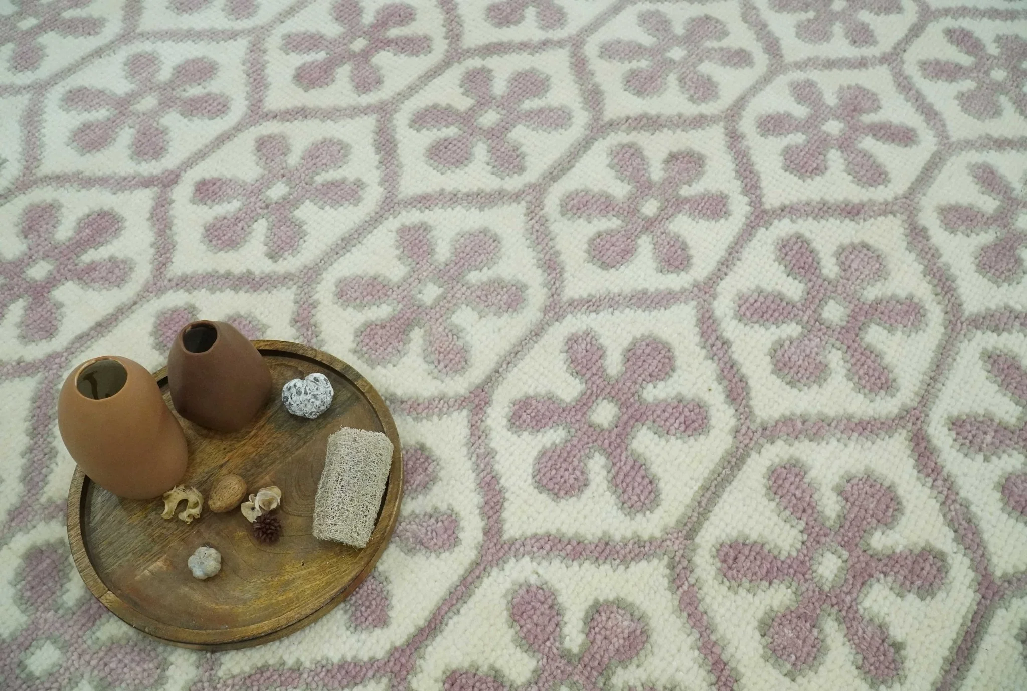 Ivory, Purple and Gray Hand Knotted Geometrical Floral 8x10 wool Area Rug - Image 2