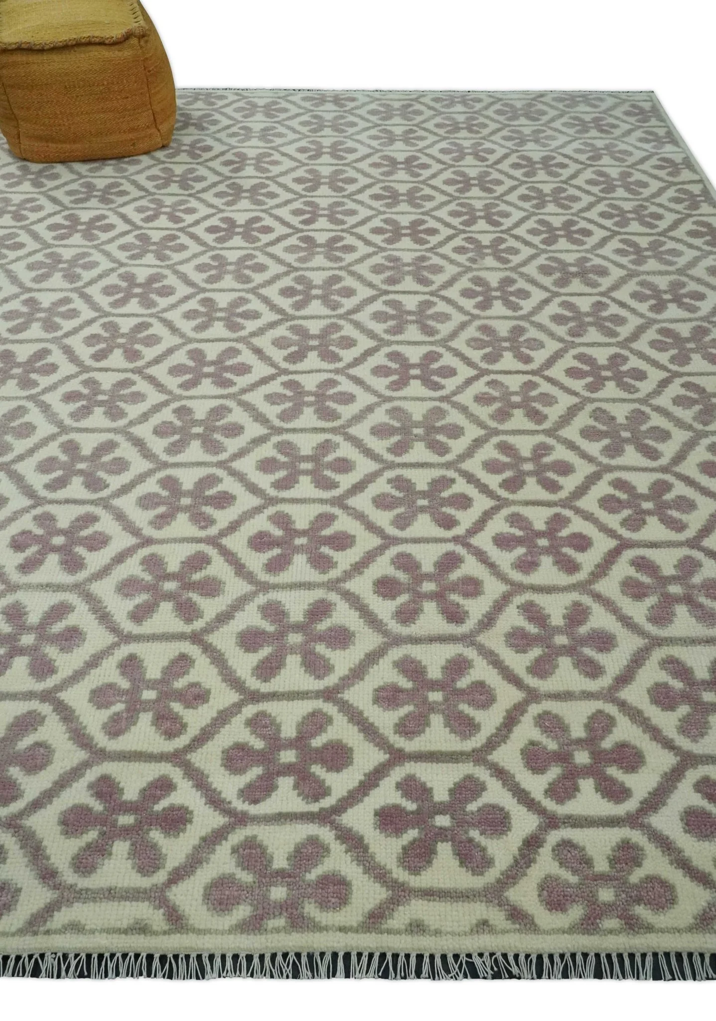 Ivory, Purple and Gray Hand Knotted Geometrical Floral 8x10 wool Area Rug - Image 3