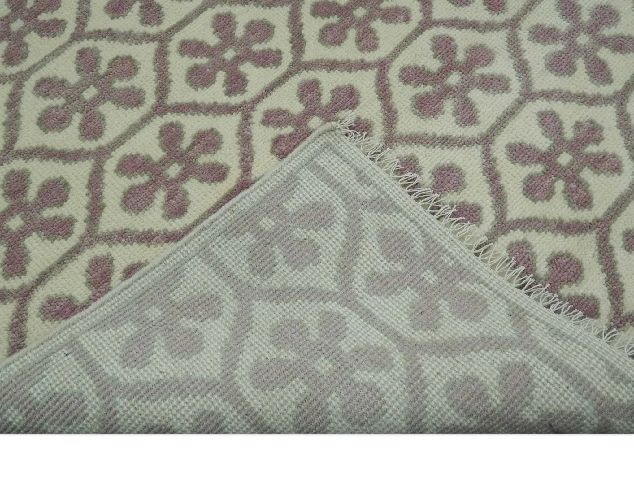 Ivory, Purple and Gray Hand Knotted Geometrical Floral 8x10 wool Area Rug - Image 7