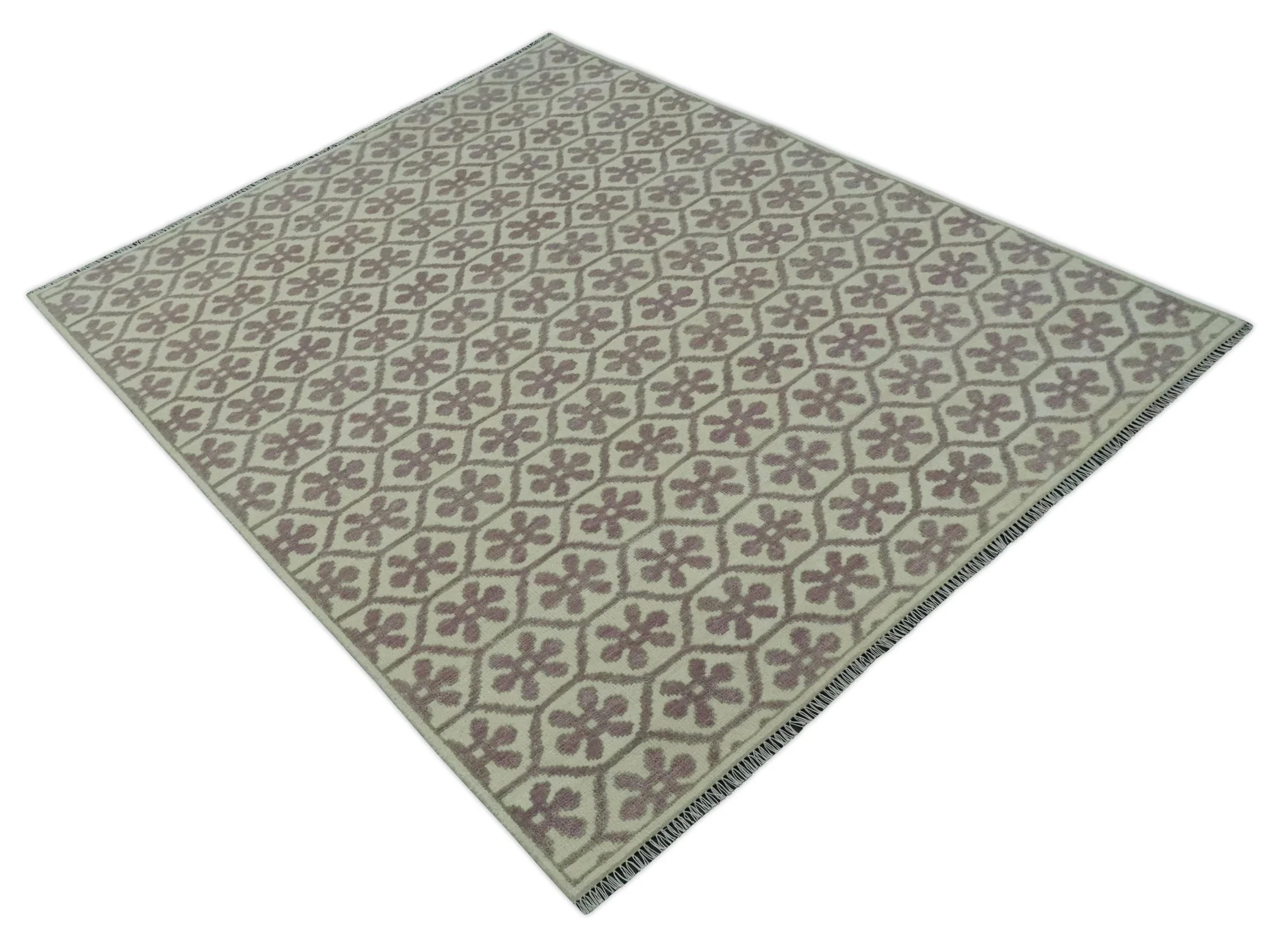 Ivory, Purple and Gray Hand Knotted Geometrical Floral 8x10 wool Area Rug - Image 9