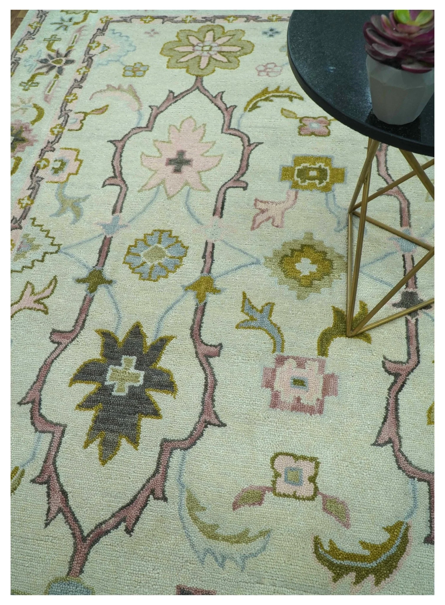 Ivory, Purple and Olive Floral Oushak Hand Tufted Custom Made wool rug - Image 2