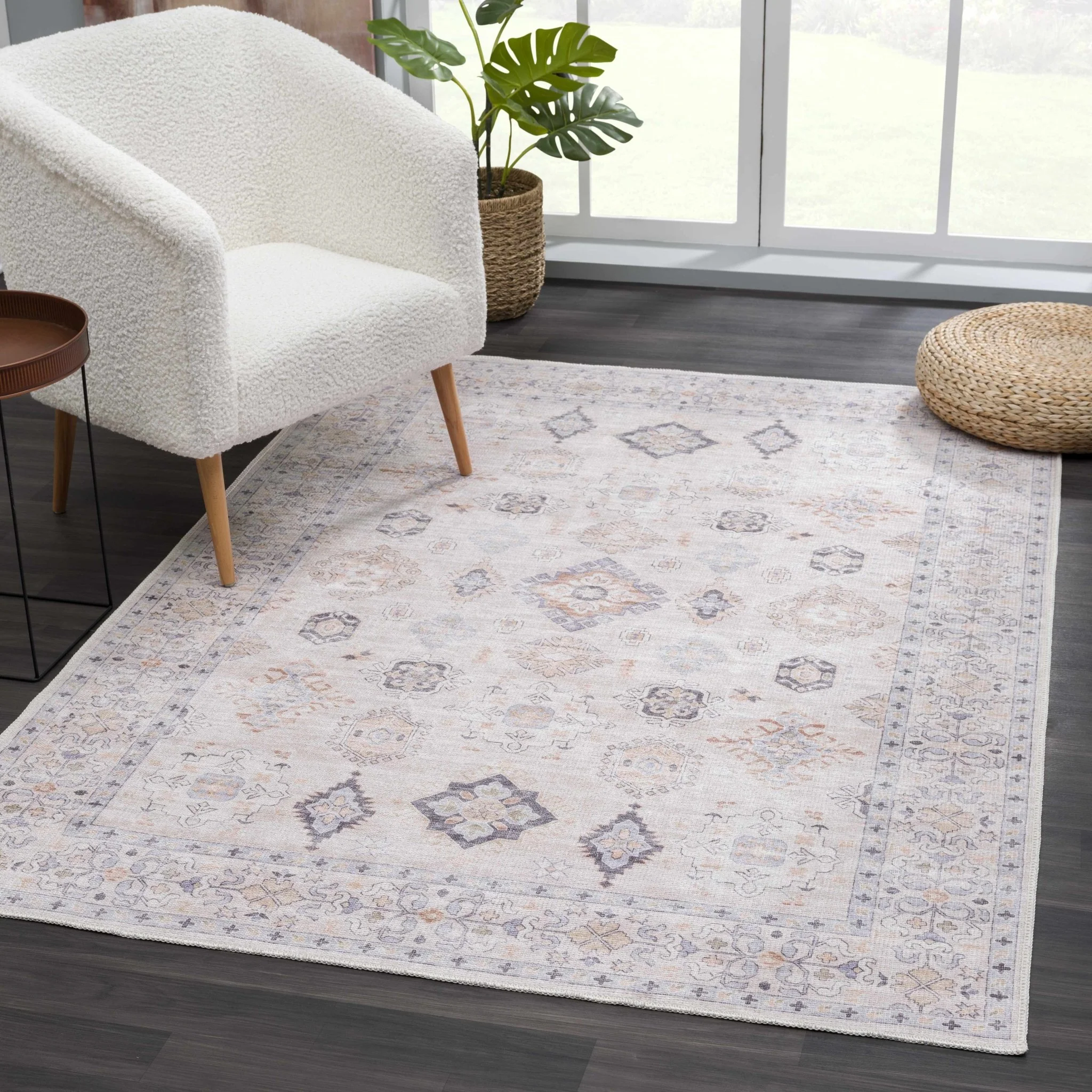 Ivory, Rust and Blue Machine Woven Traditional Design Machine Washable Rug - Image 14