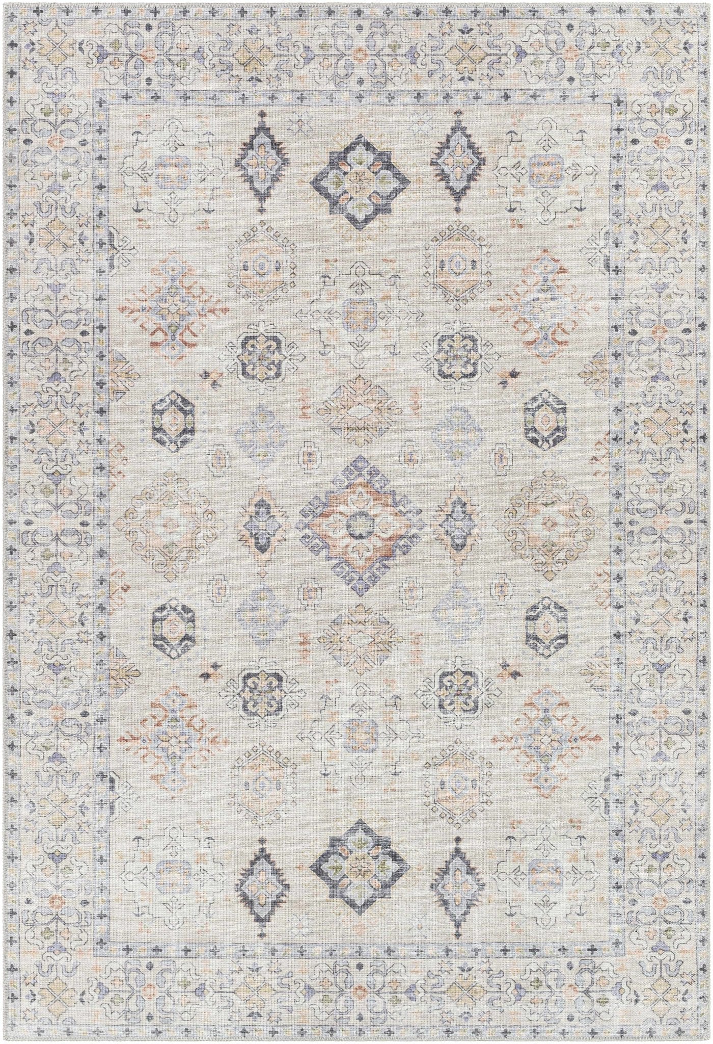 Ivory, Rust and Blue Machine Woven Traditional Design Machine Washable Rug - Image 15