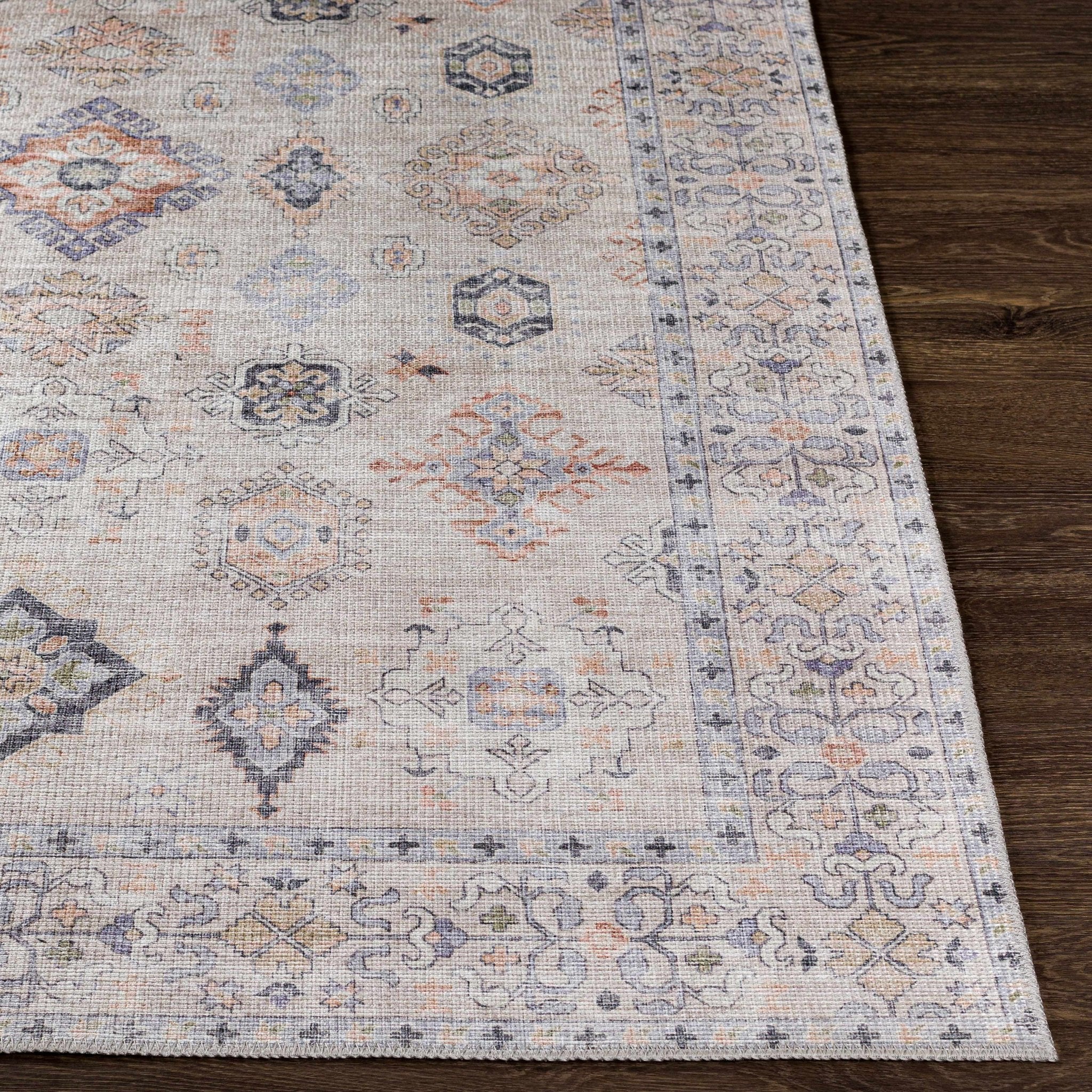 Ivory, Rust and Blue Machine Woven Traditional Design Machine Washable Rug - Image 16