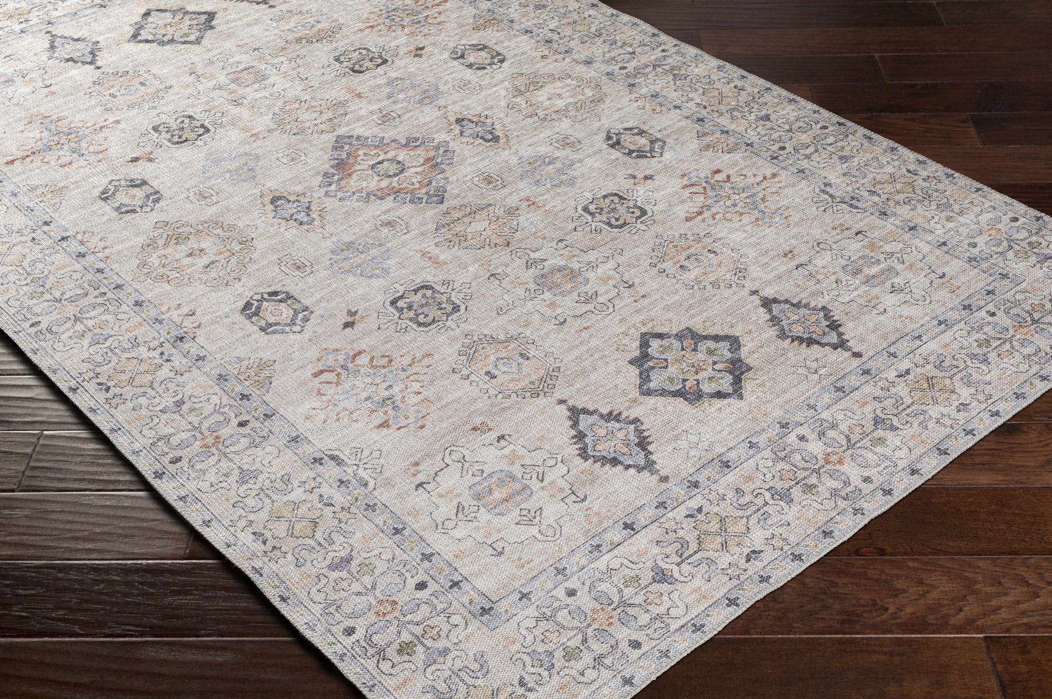 Ivory, Rust and Blue Machine Woven Traditional Design Machine Washable Rug - Image 17