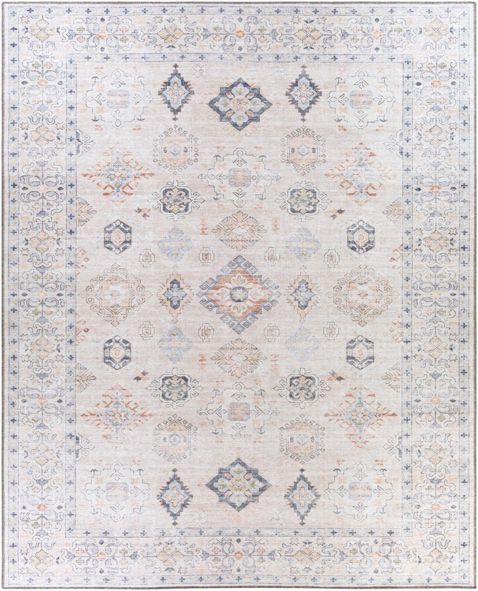Ivory, Rust and Blue Machine Woven Traditional Design Machine Washable Rug - Image 19