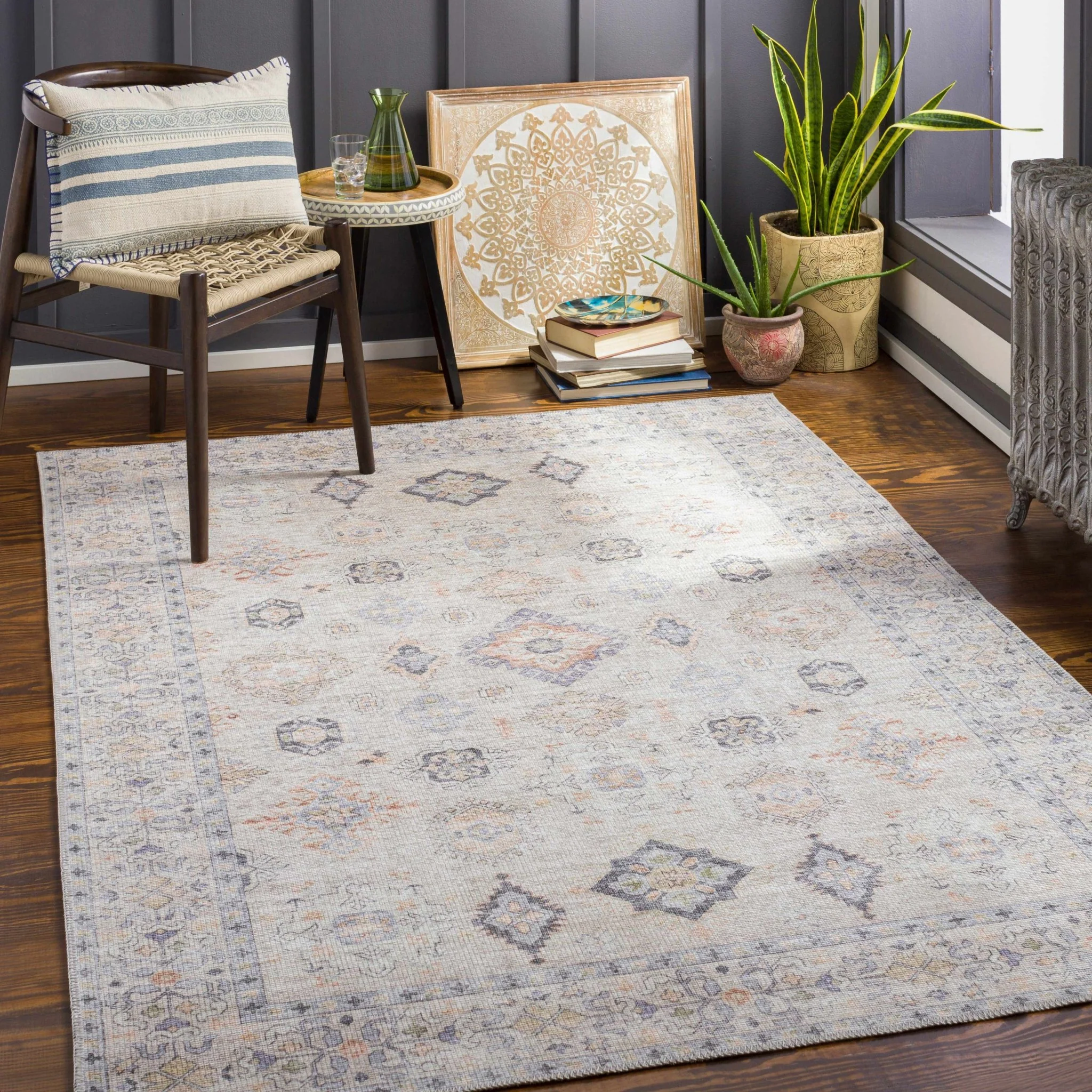 Ivory, Rust and Blue Machine Woven Traditional Design Machine Washable Rug - Image 3