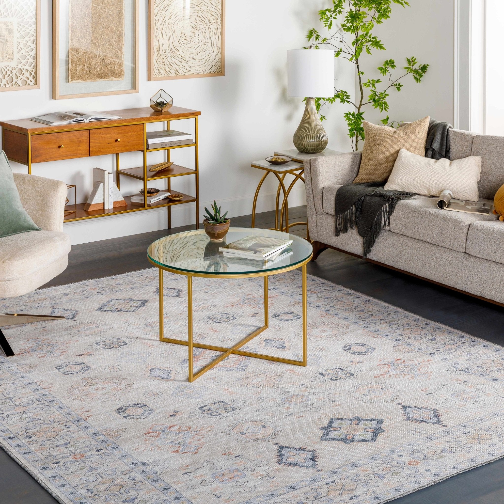 Ivory, Rust and Blue Machine Woven Traditional Design Machine Washable Rug - Image 6