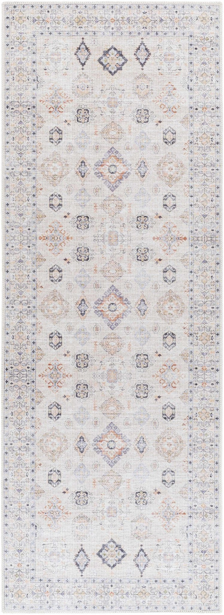 Ivory, Rust and Blue Machine Woven Traditional Design Machine Washable Rug - Image 8