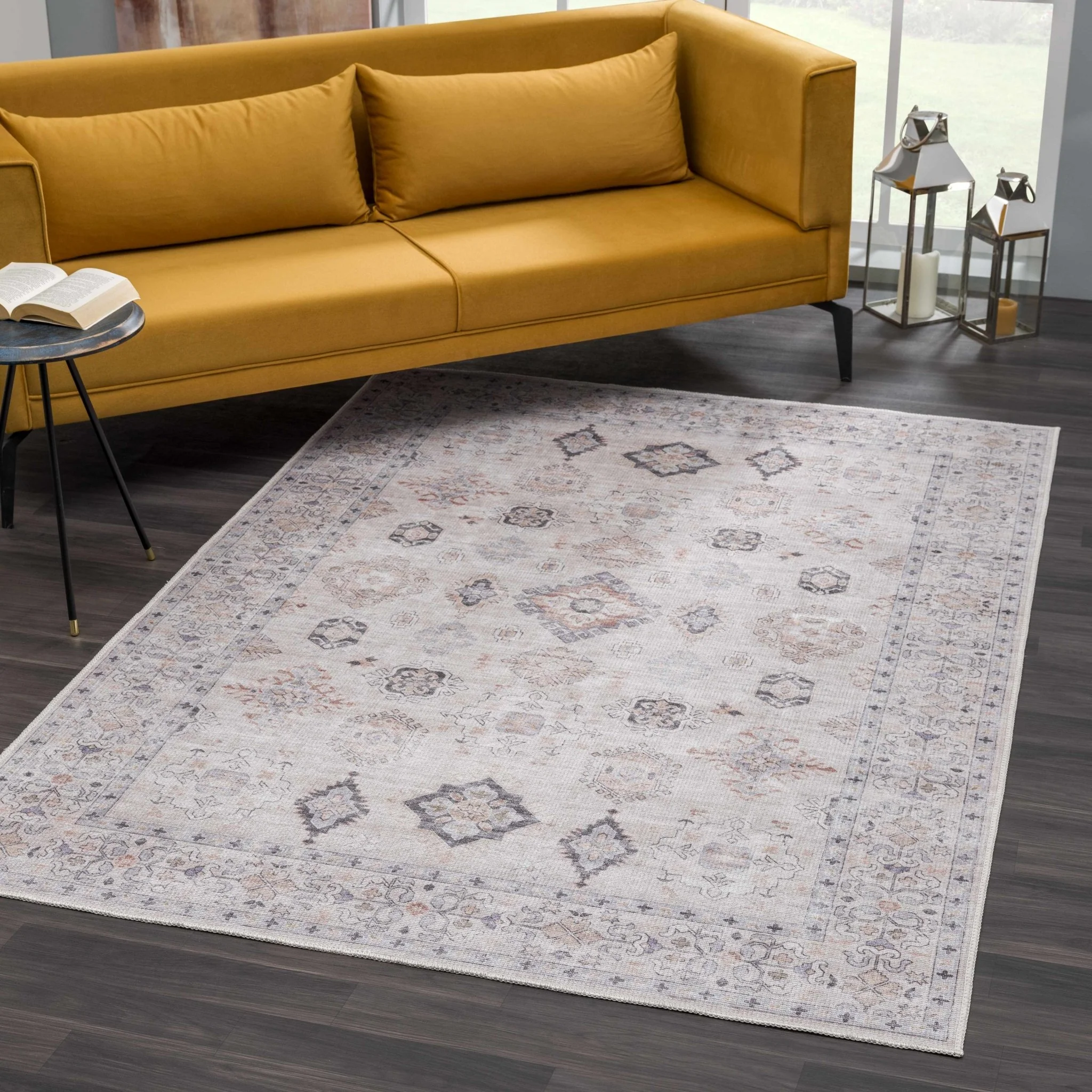 Ivory, Rust and Blue Machine Woven Traditional Design Machine Washable Rug - Image 9