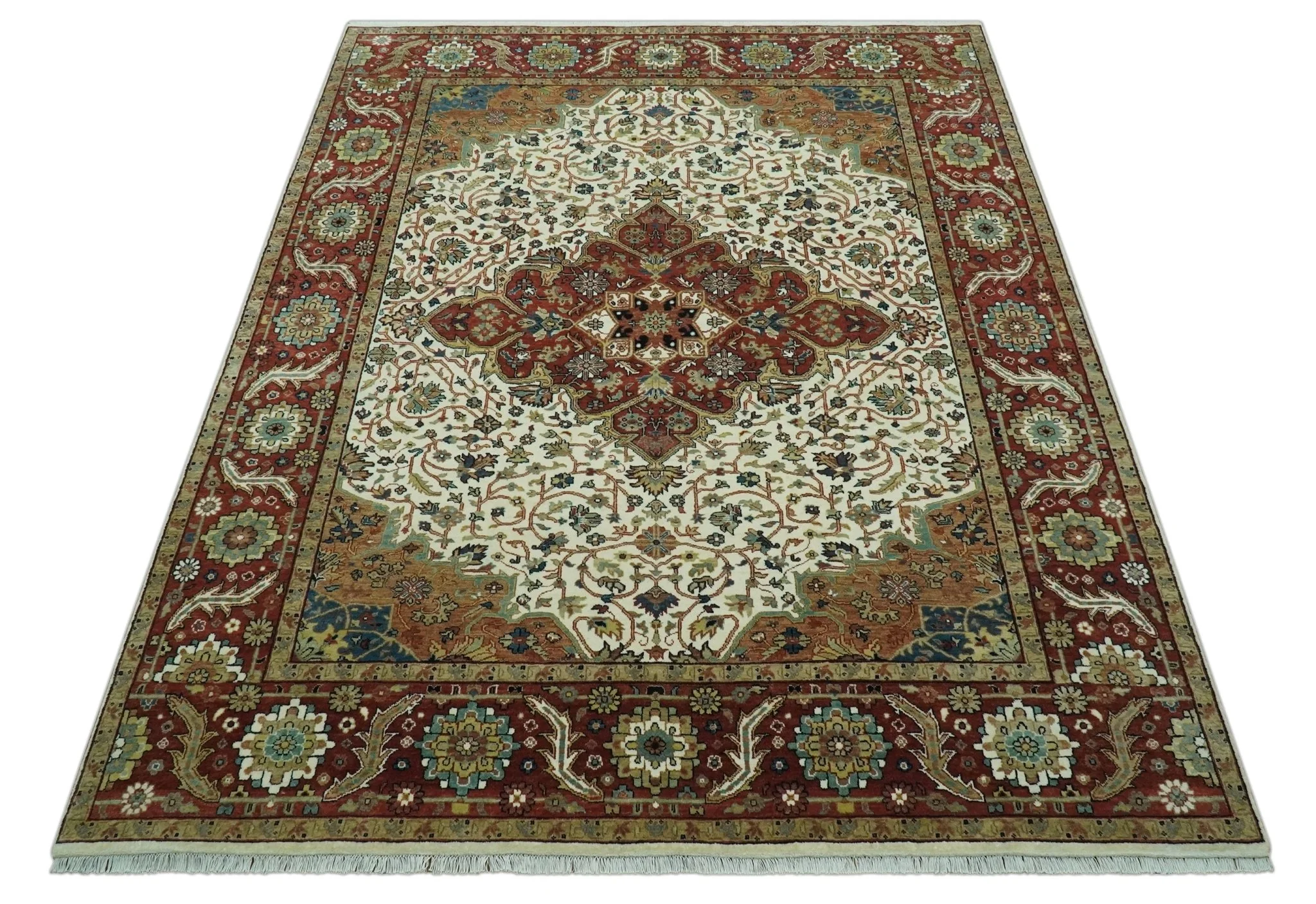 Premium Look Ivory, Rust and Brown Fine Hand knotted 8x10 Traditional Wool Area Rug - Image 10