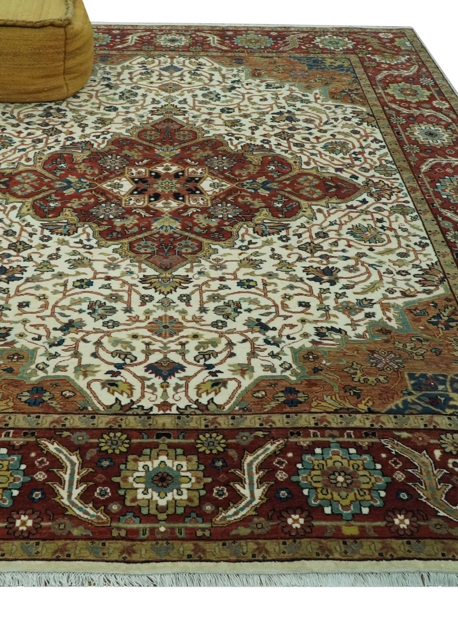 Premium Look Ivory, Rust and Brown Fine Hand knotted 8x10 Traditional Wool Area Rug - Image 3