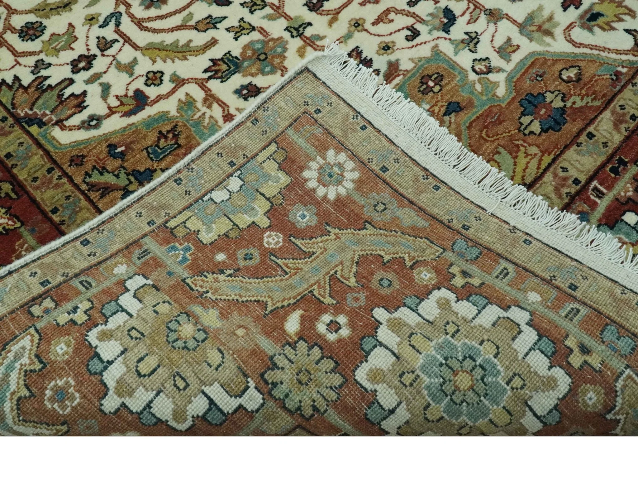 Premium Look Ivory, Rust and Brown Fine Hand knotted 8x10 Traditional Wool Area Rug - Image 7