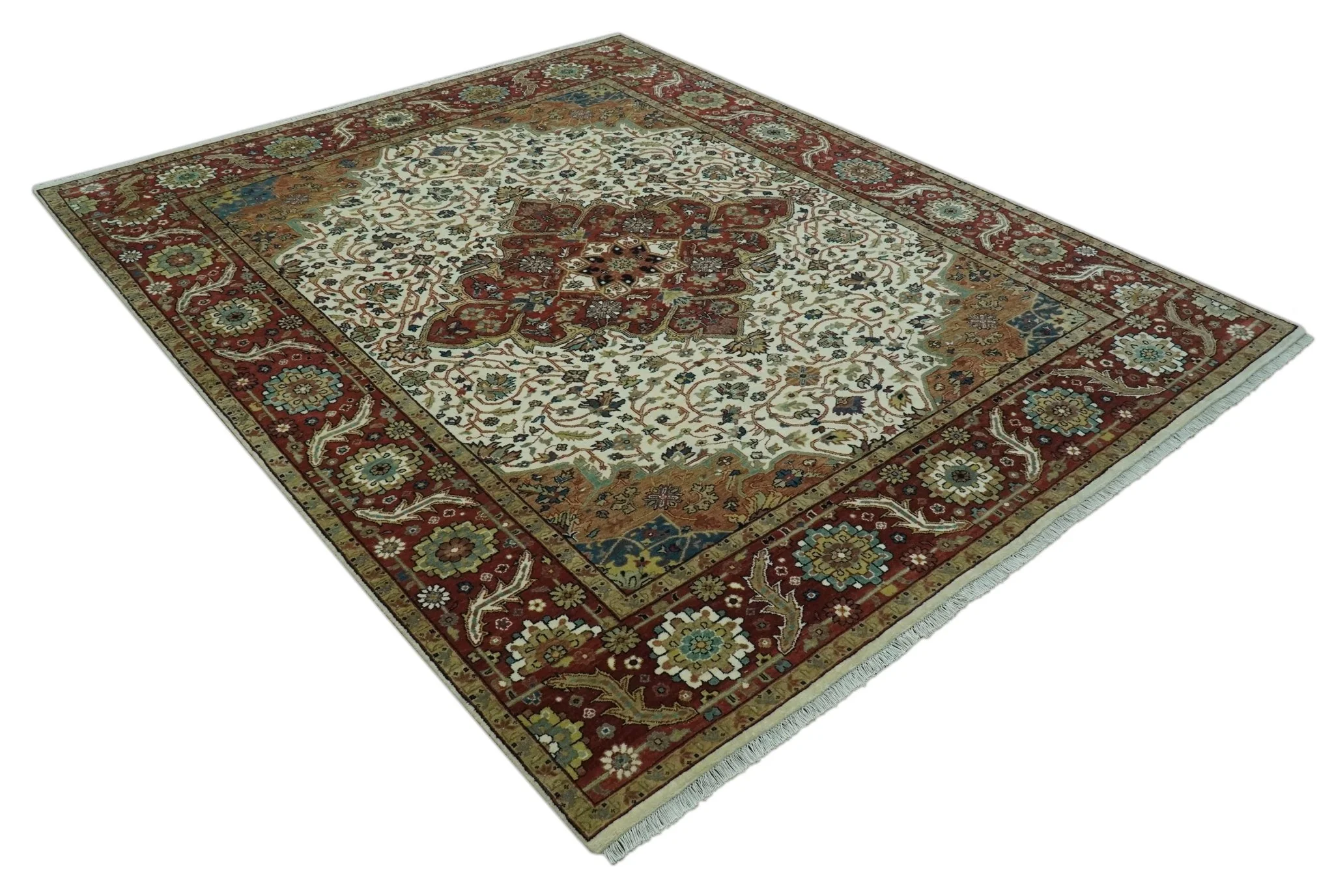 Premium Look Ivory, Rust and Brown Fine Hand knotted 8x10 Traditional Wool Area Rug - Image 9