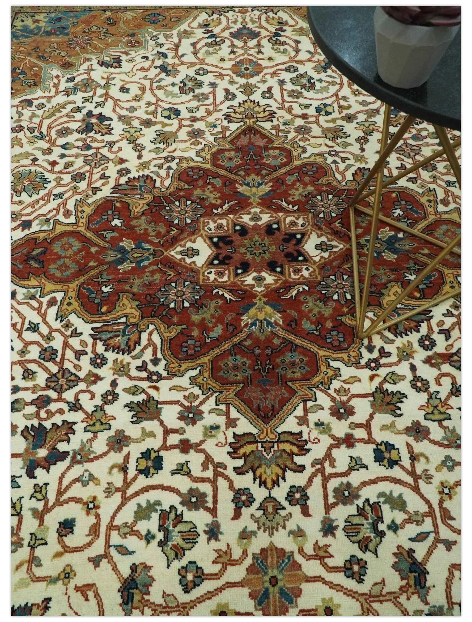 Premium Ivory, Rust and Brown 8x10 fine Hand knotted Traditional Heriz Wool Area Rug - Image 2