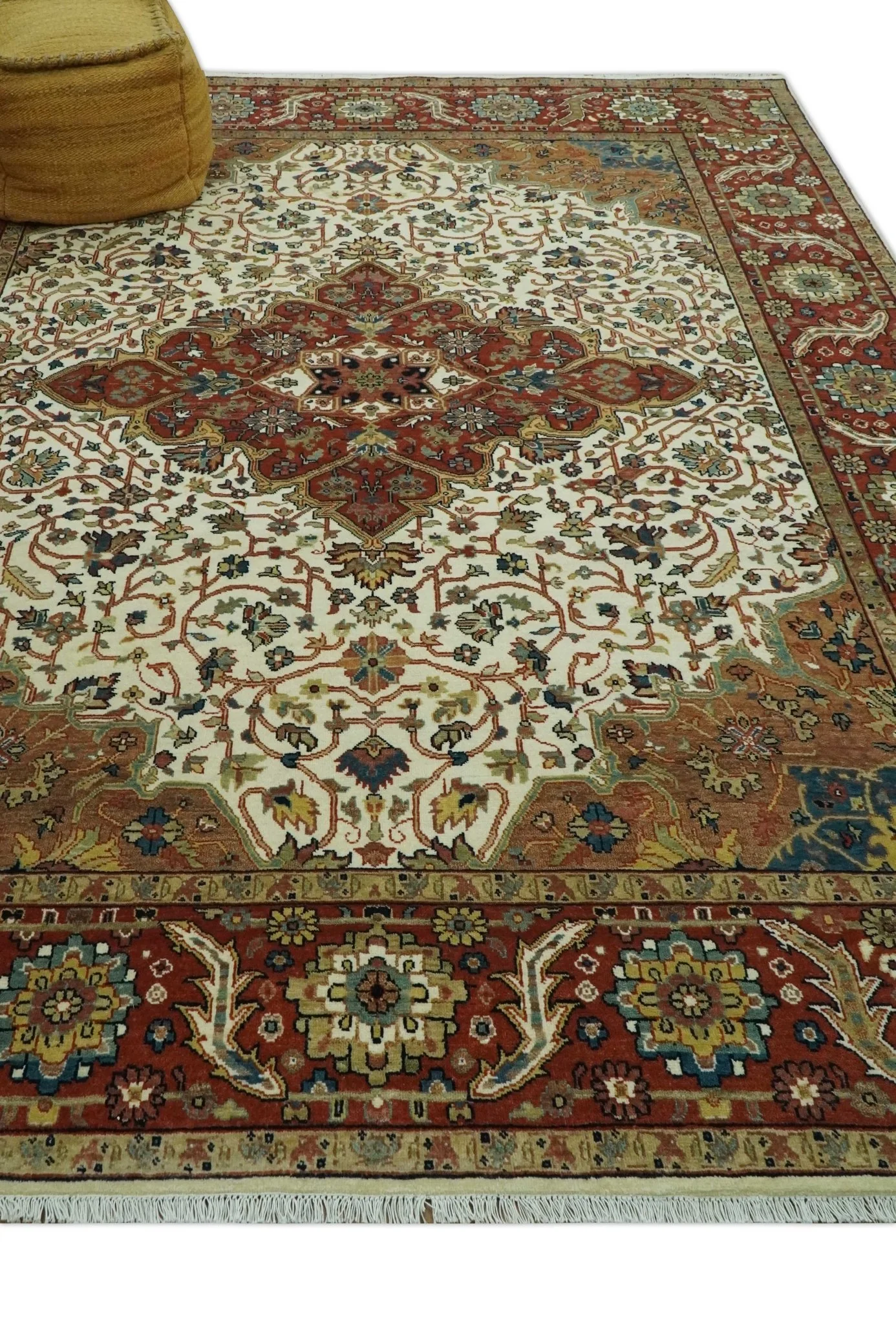 Premium Ivory, Rust and Brown 8x10 fine Hand knotted Traditional Heriz Wool Area Rug - Image 3
