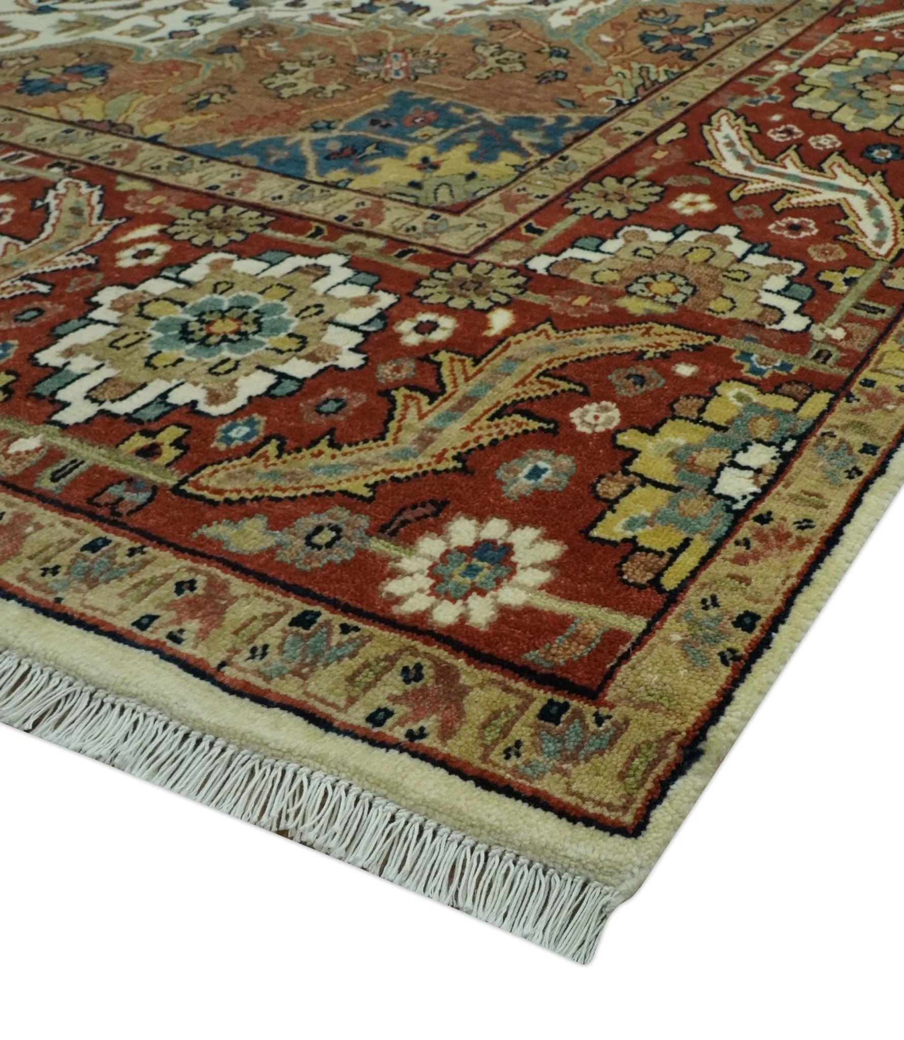 Premium Ivory, Rust and Brown 8x10 fine Hand knotted Traditional Heriz Wool Area Rug - Image 5