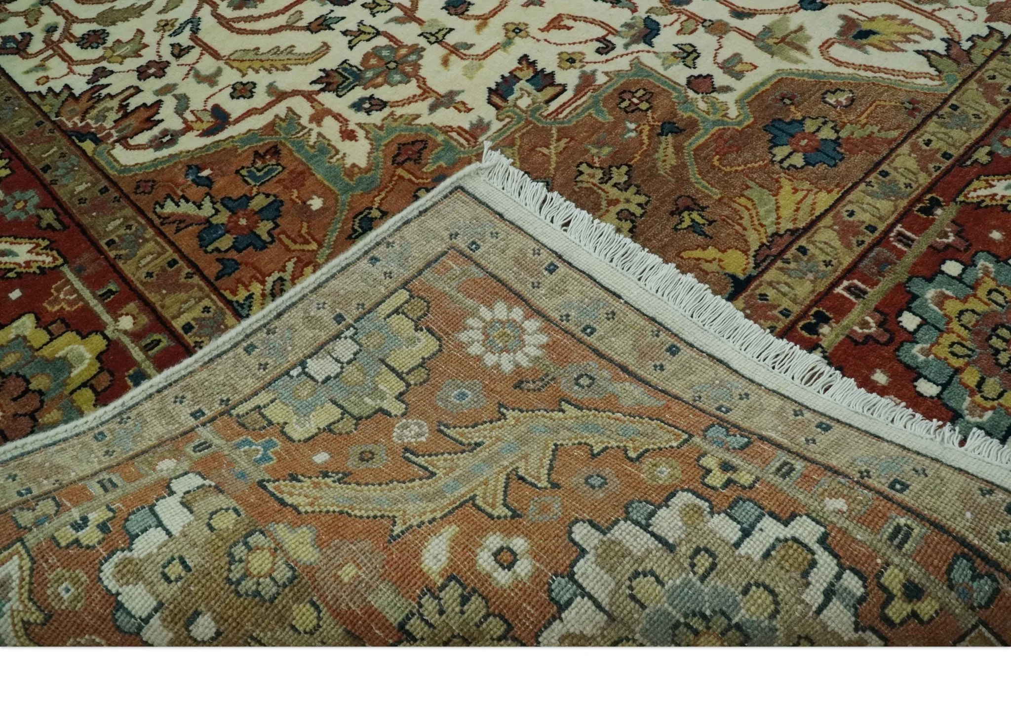 Premium Ivory, Rust and Brown 8x10 fine Hand knotted Traditional Heriz Wool Area Rug - Image 7