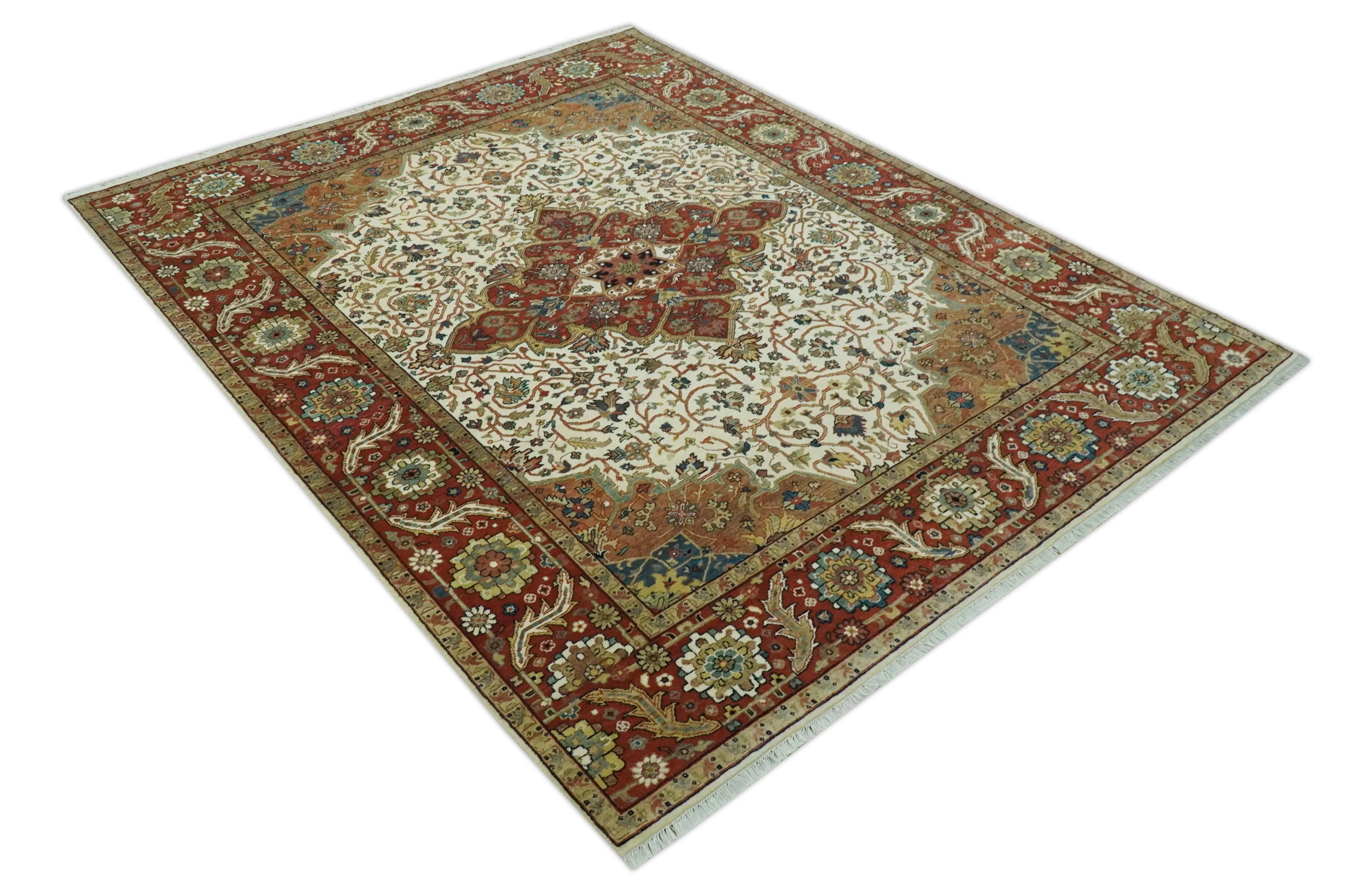 Premium Ivory, Rust and Brown 8x10 fine Hand knotted Traditional Heriz Wool Area Rug - Image 9