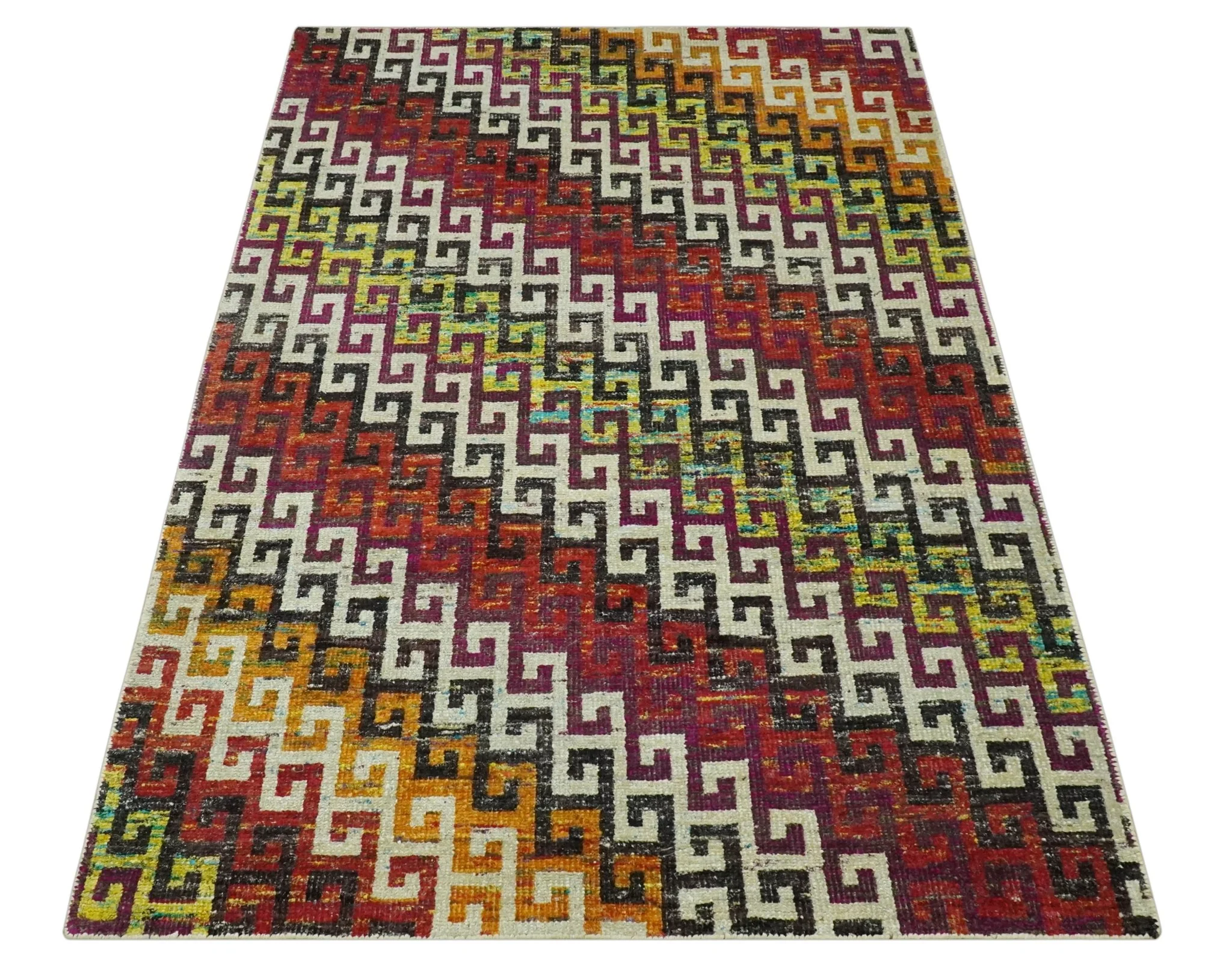 5.6x8.6 Ivory, Rust, Black and Mustard Greek key design Hand Knotted wool area rug - Image 10