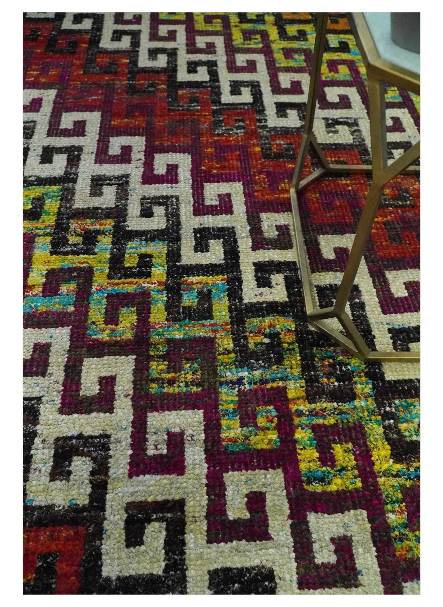 5.6x8.6 Ivory, Rust, Black and Mustard Greek key design Hand Knotted wool area rug - Image 2