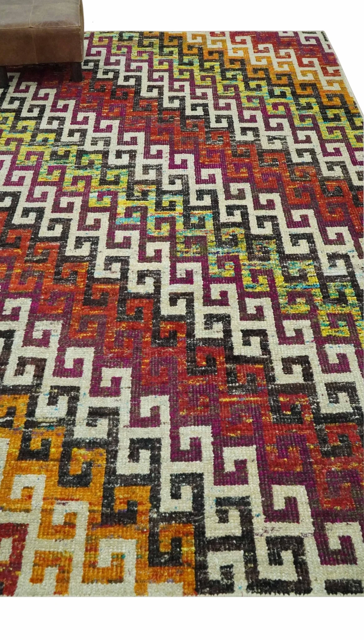 5.6x8.6 Ivory, Rust, Black and Mustard Greek key design Hand Knotted wool area rug - Image 3