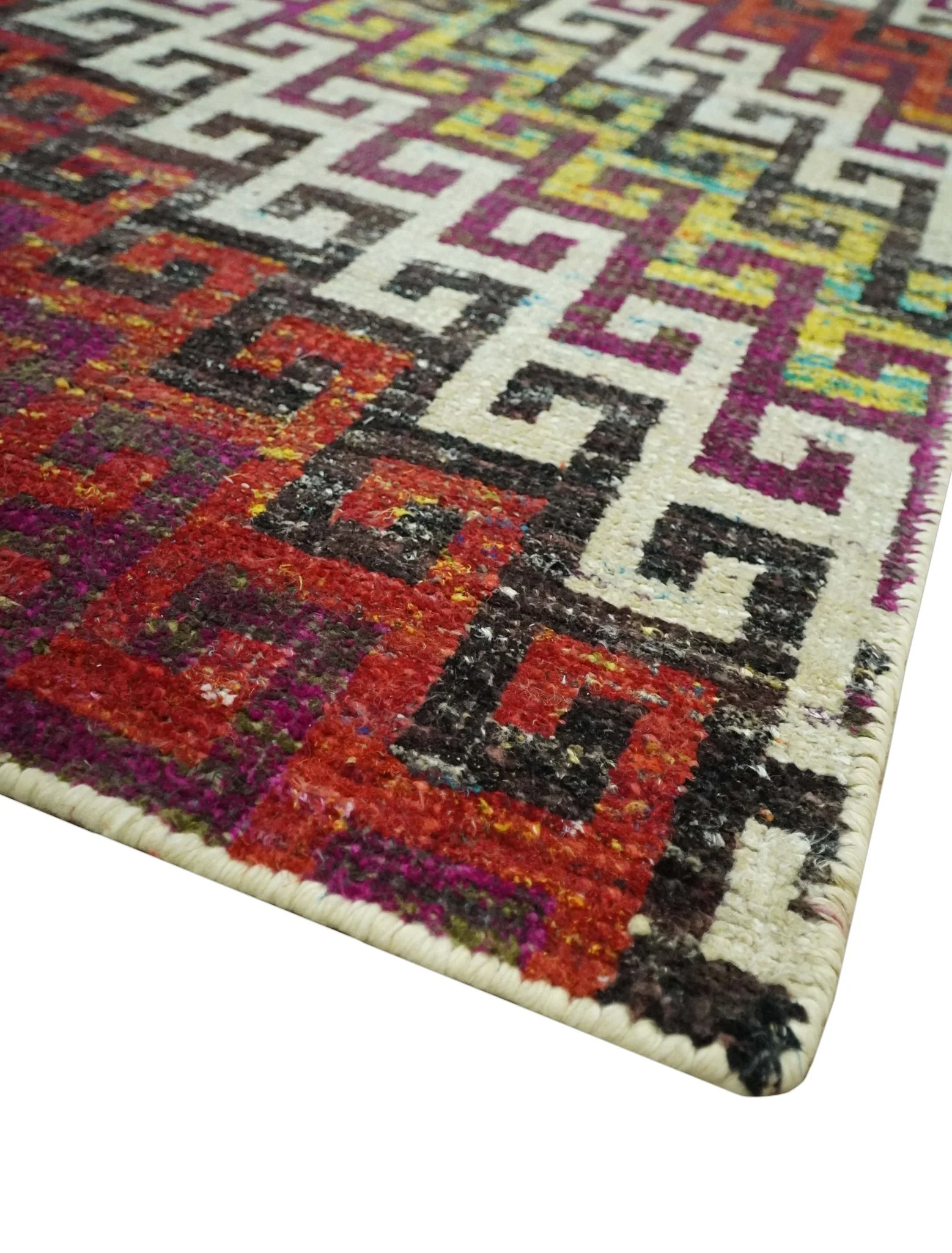 5.6x8.6 Ivory, Rust, Black and Mustard Greek key design Hand Knotted wool area rug - Image 5