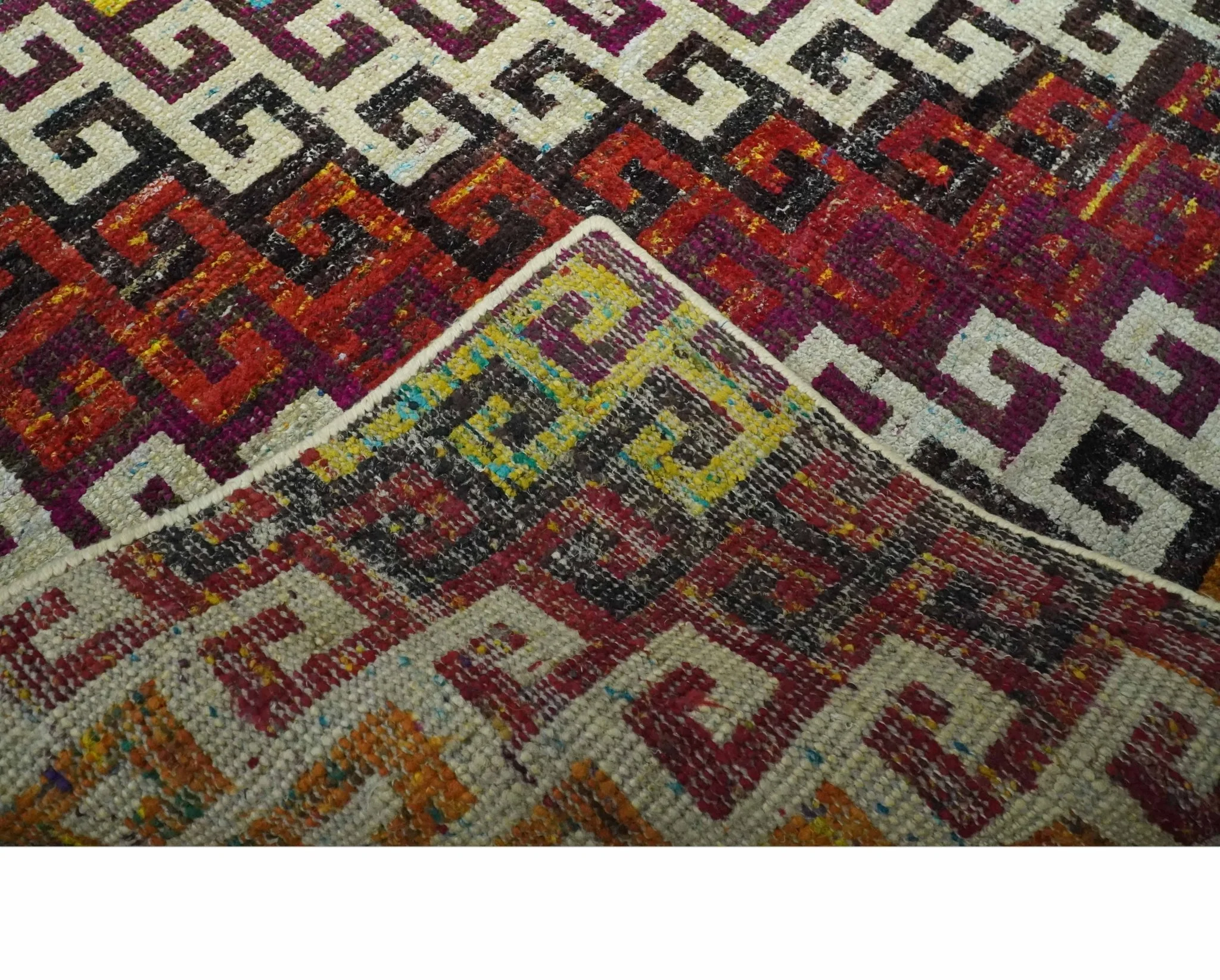5.6x8.6 Ivory, Rust, Black and Mustard Greek key design Hand Knotted wool area rug - Image 7